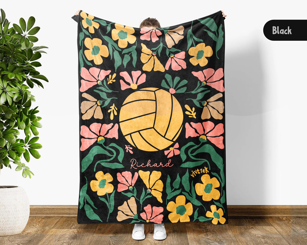 Custom Name Floral Volleyball Blanket, Sports Throw, Cozy Funny Volleyball Gift for Players and Fans Room Decor