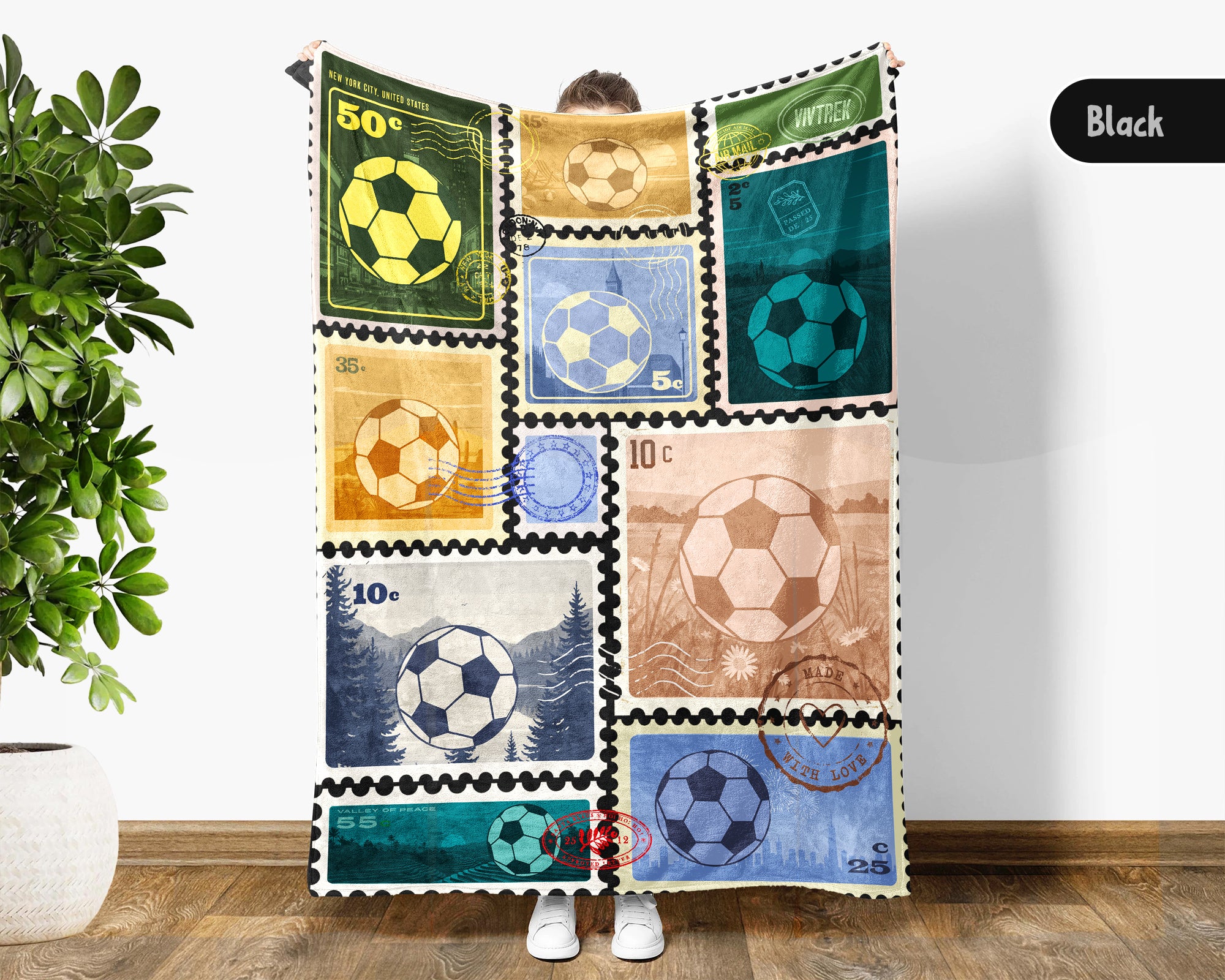 Soccer Lover Blanket Gift, Soccer Stamp Throw for Players, Cozy Unique Football Fan Decor, Cool Sports Graphic Blanket, Soccer Room Accent