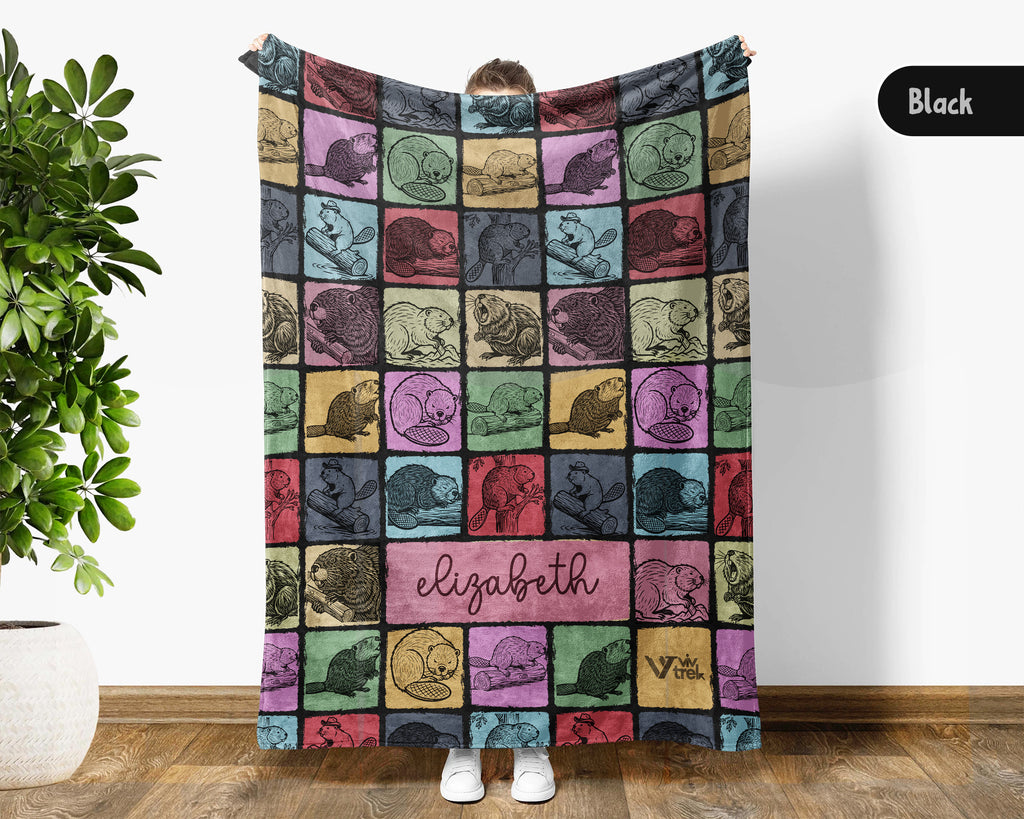 Custom Name Beaver Blanket – Personalized Woodland Animal Throw