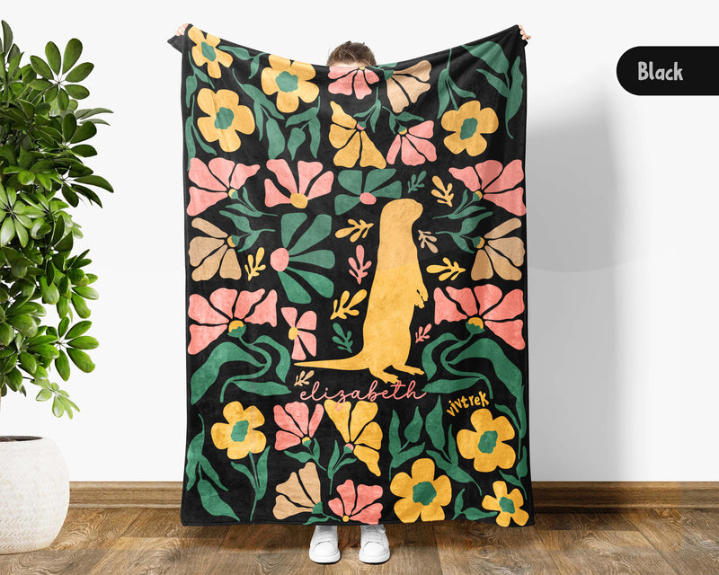 Personalized Floral Otter Blanket with Custom Name, Cozy Floral Throw for Kids Teens Adults, Cute Otter Lover Birthday Gift