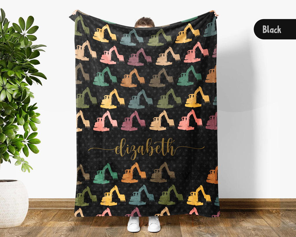 Personalized Construction Equipment Blanket Custom Name, Excavator Truck Throw for Kids Boys, Cozy Builder Gift Decor