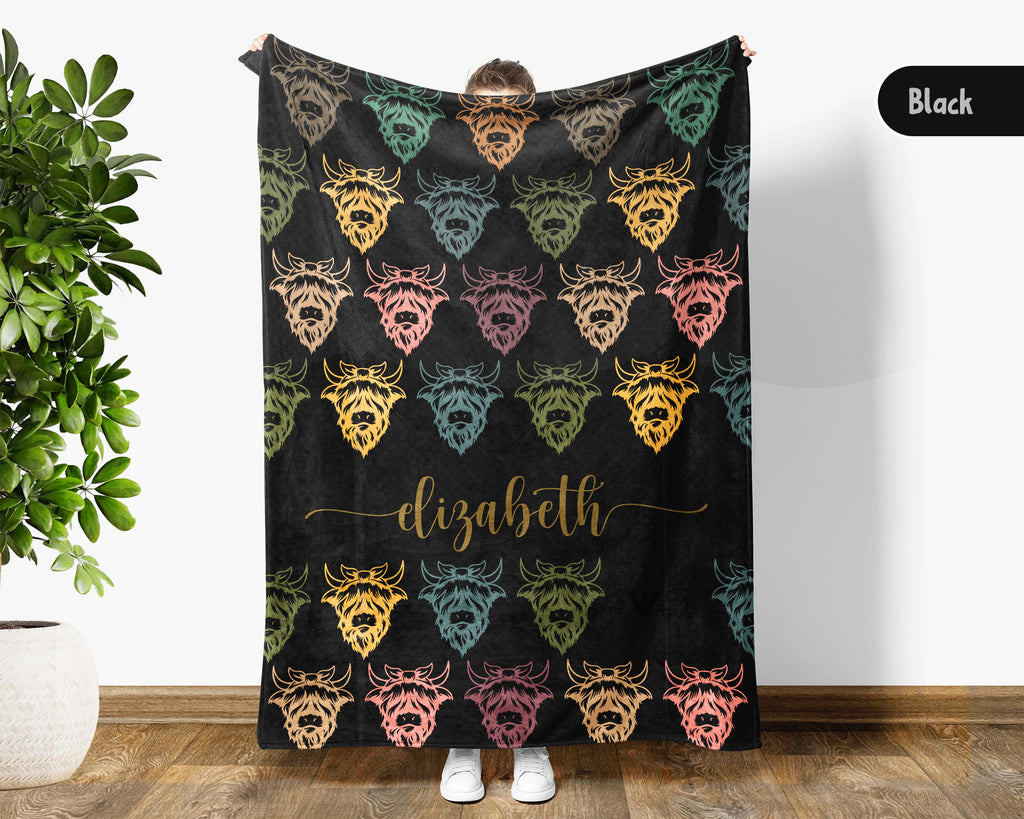 Custom Name Highland Cow Blanket Rustic Animal Throw Cozy Personalized Gift Soft Farmhouse Decor for Cow Lovers Home