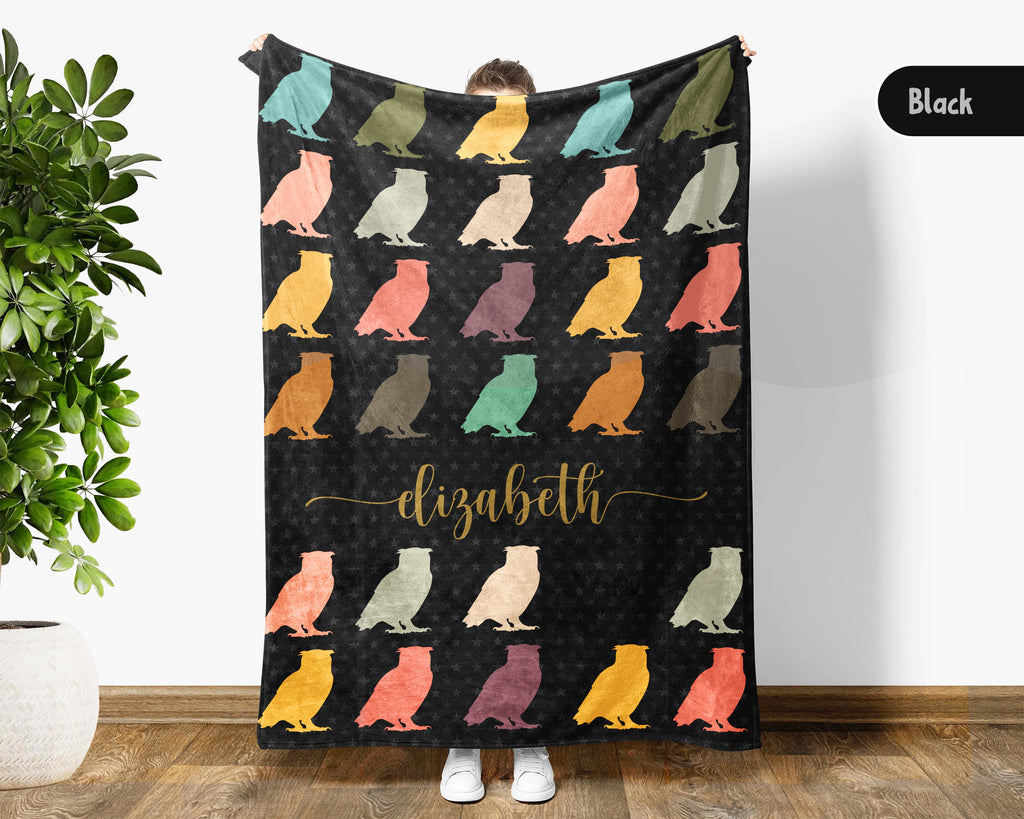 Personalized Name Owl Lover Blanket Custom Retro Bird Throw Cozy Forest Wildlife Fleece Gift Rustic Animal Home Decor Accent Piece