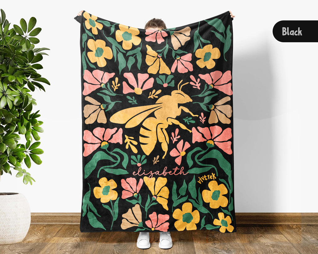 Personalized Bee Blanket with Custom Name, Cozy Honey Bee Throw for Kids Teens Adults, Cute Bumblebee Lover Gift