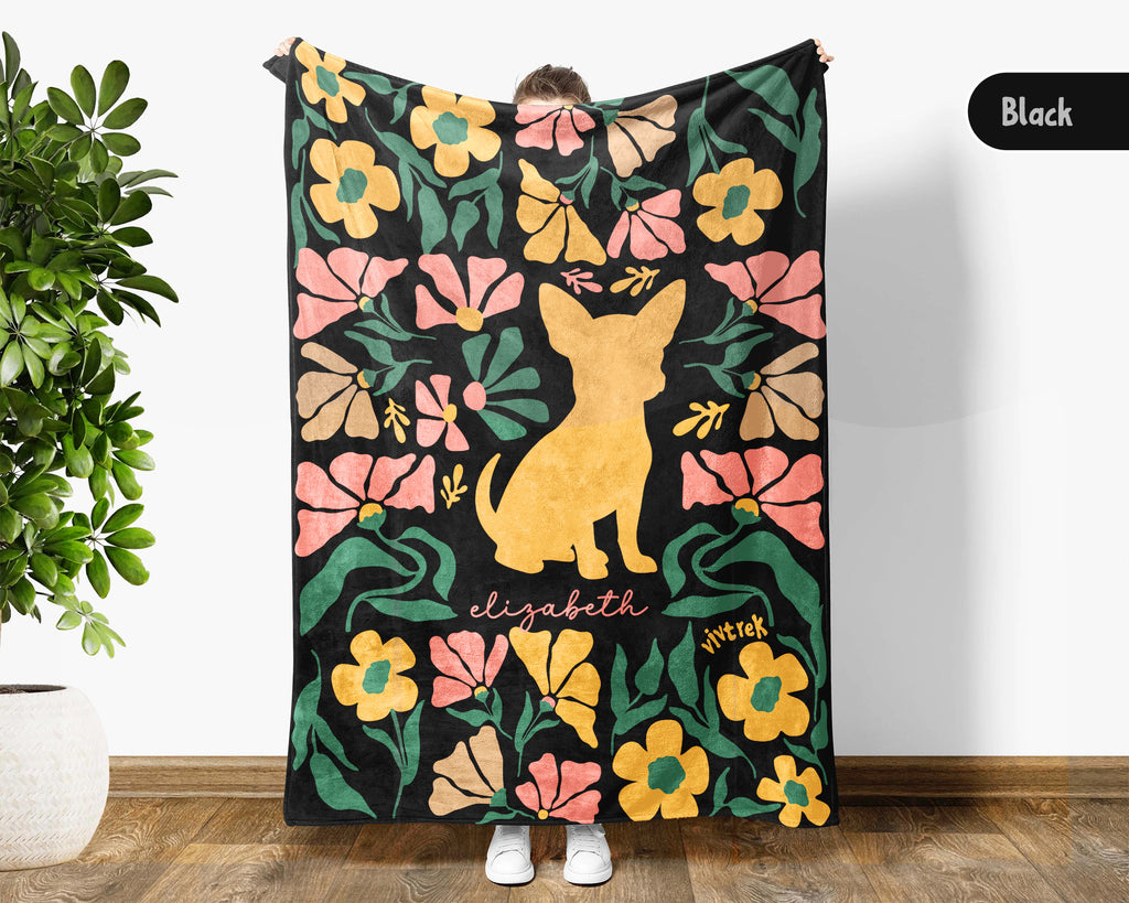 Personalized Name Floral Chihuahua Blanket, Cozy Dog Lover Throw Gift