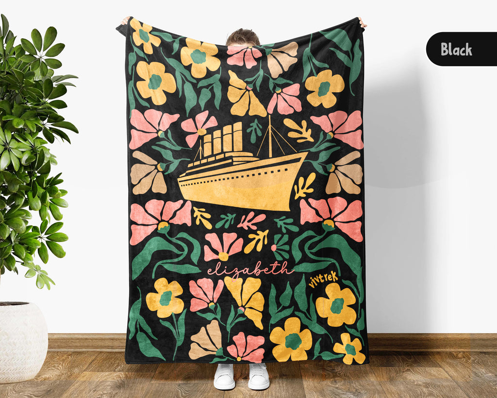 Personalized Floral Titanic Ship Blanket with Custom Name, Cozy Wildflower Ocean Liner Throw for Kids Teens Adults, History Lover Gift
