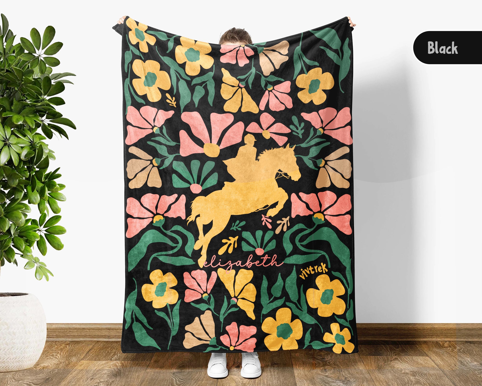 Custom Name Floral Horse Racing Blanket, Cozy Equestrian Throw Gift