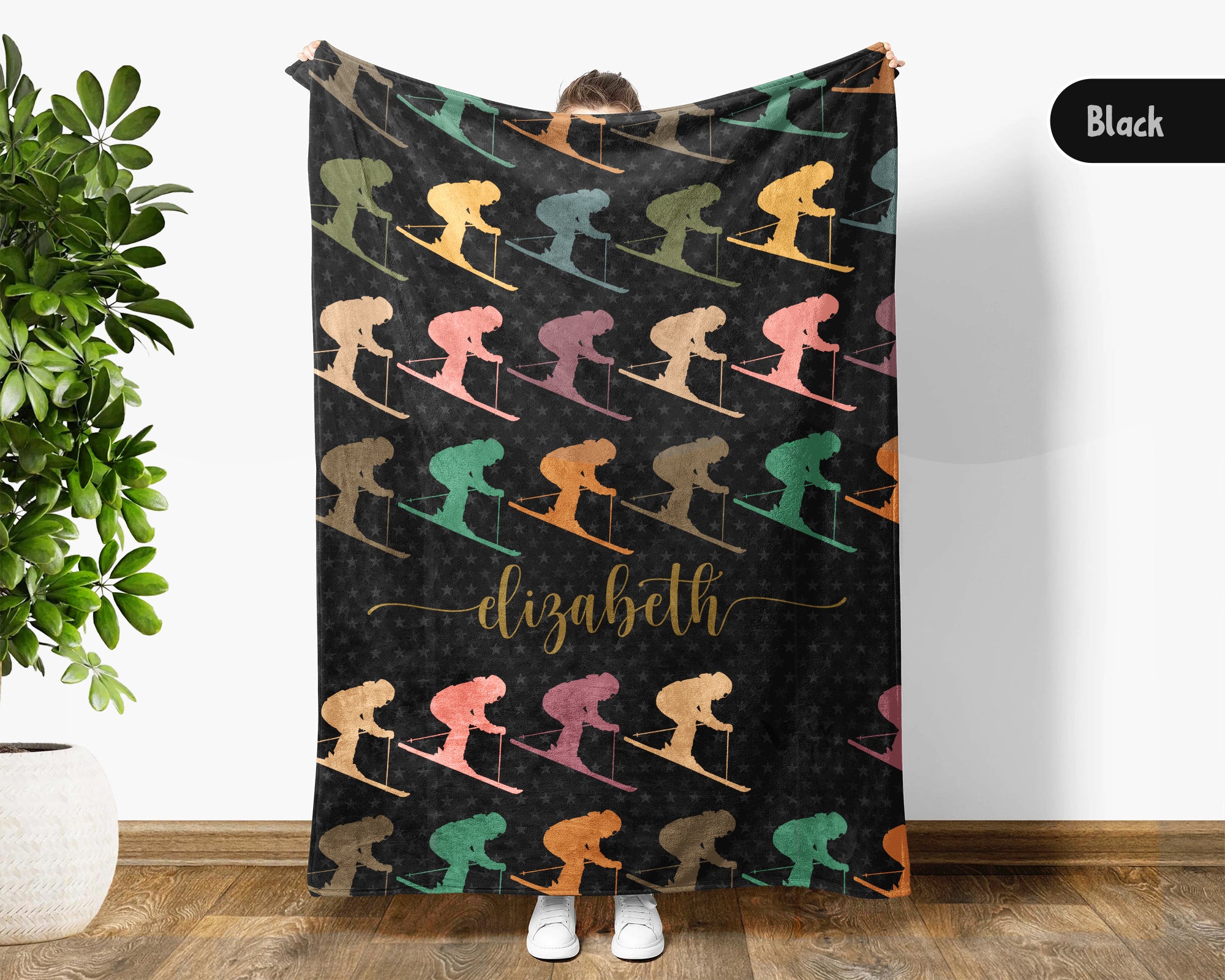 Custom Name Ski Lover Blanket Winter Sports Throw Cozy Personalized Gift Soft Snow Adventure Decor for Cabin Home
