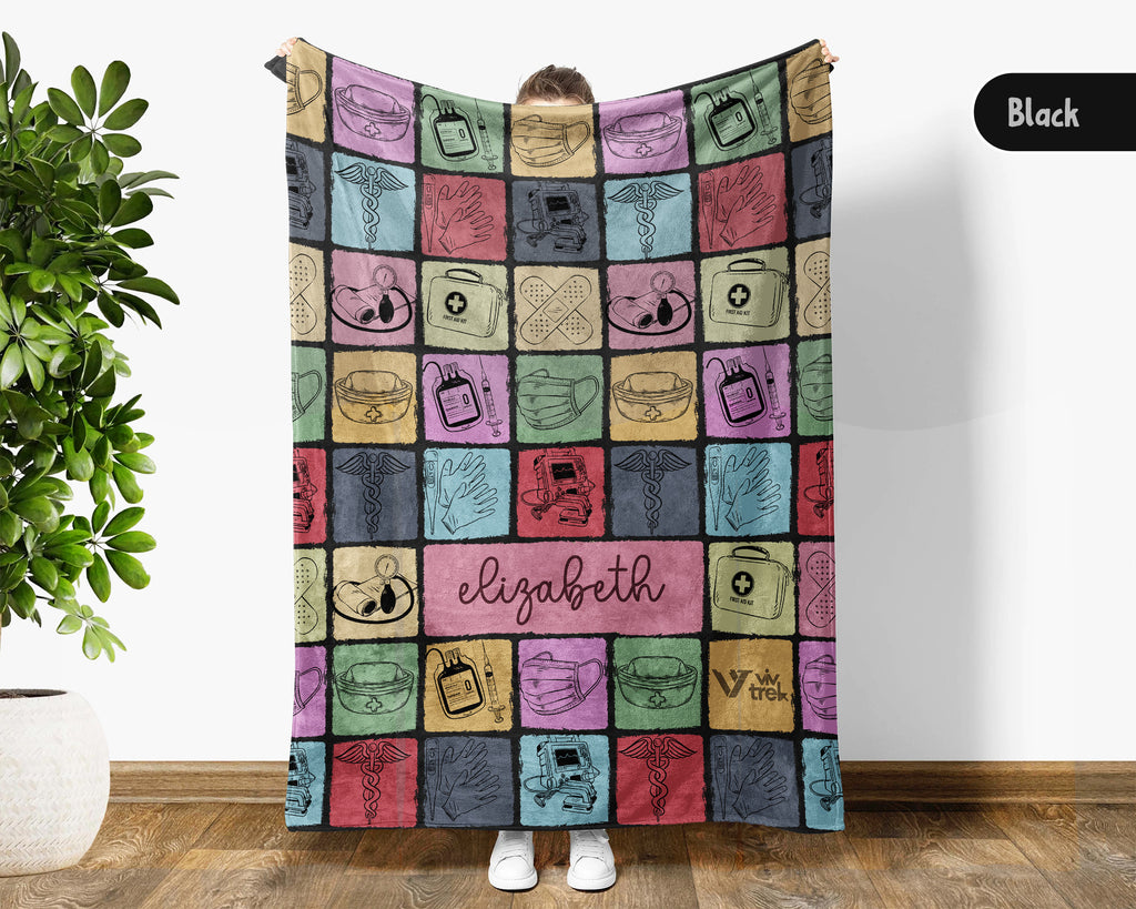 Retro Custom Name Nurse Blanket Personalized Cozy RN Throw Gift, Cute Nursing Graphic Blanket, Medical Worker Appreciation Gift