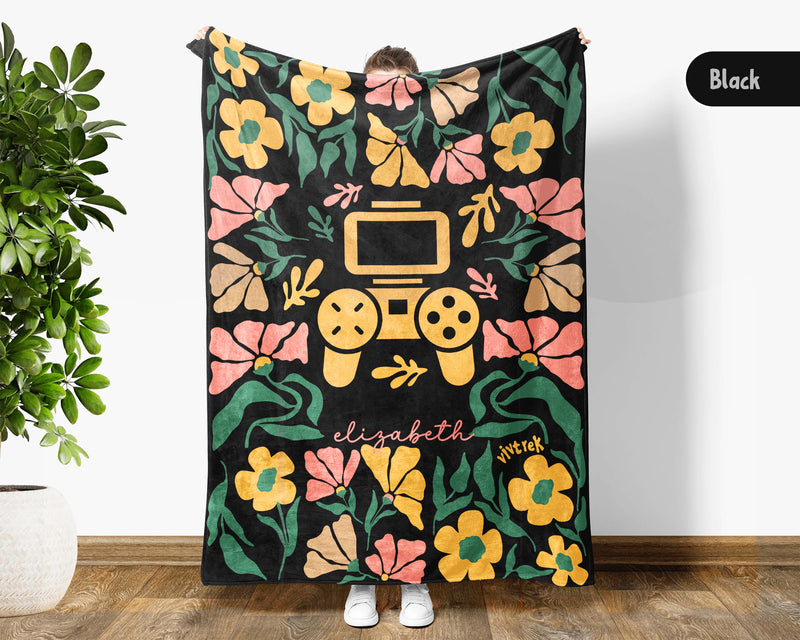 Floral Personalized Name Video Gaming Blanket with Custom Name, Cozy Floral Gamer Throw for Kids Teens Adults, Birthday Gift for Boys & Girls