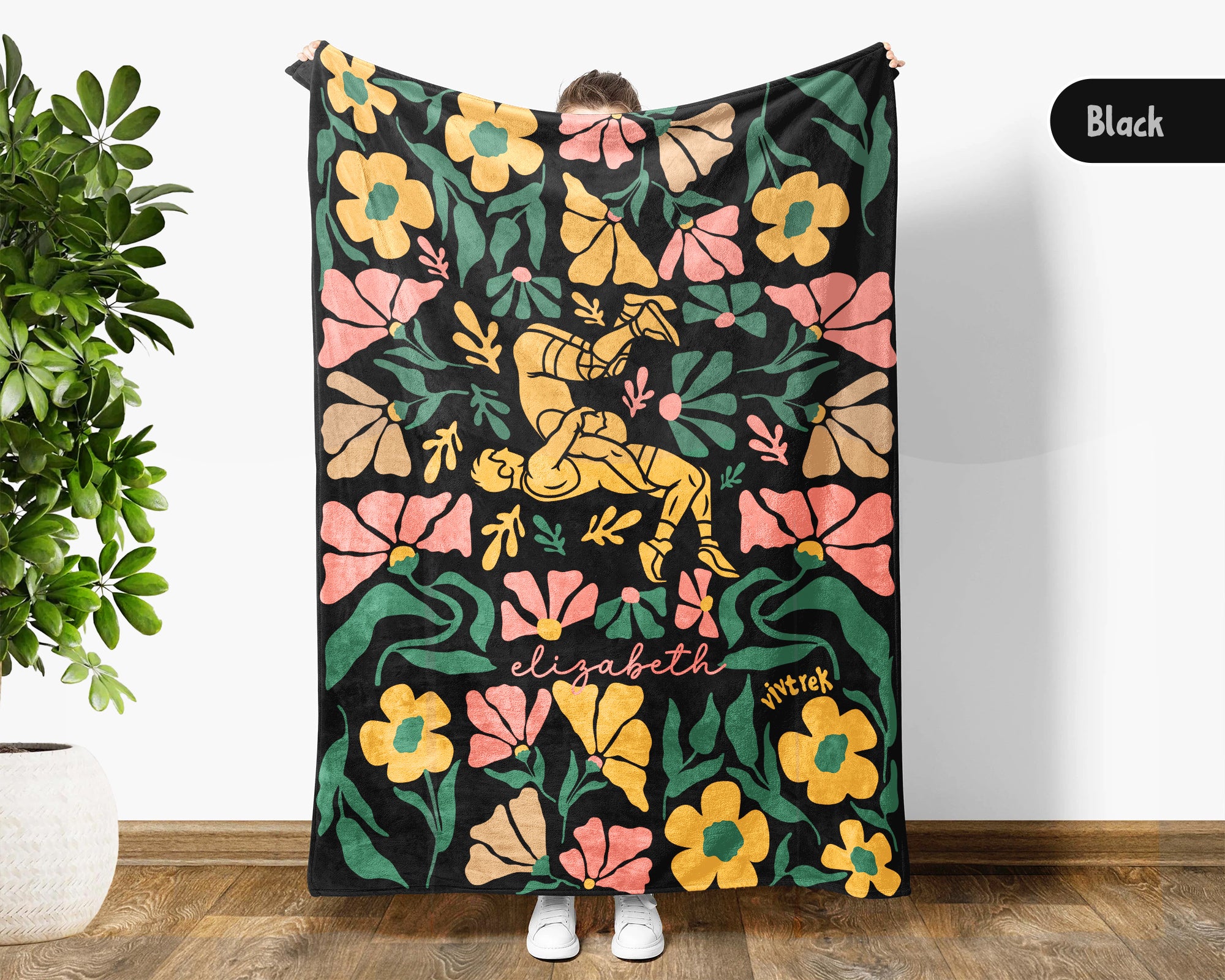 Custom Name Floral Wrestling Blanket, Cozy Wrestling Throw Gift for Kids Teens Adults, Perfect Birthday Sports Present