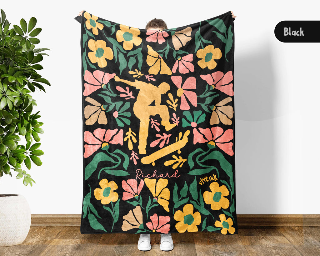 Personalized Name Skateboarding Floral Blanket, Custom Name Skater Throw, Cozy Cool Skateboard Gift for Skate Lovers