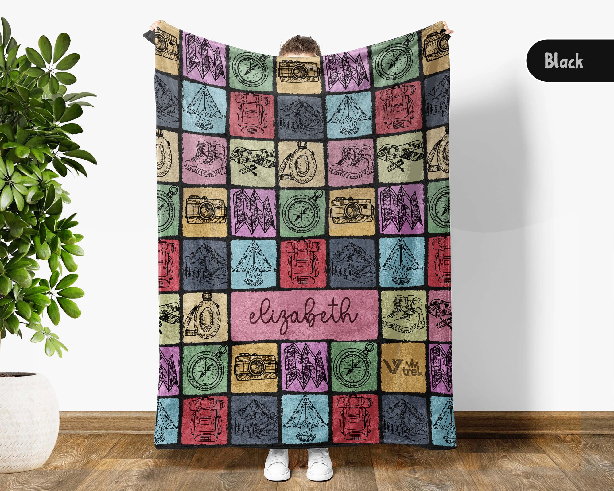 Personalized Name Hiking Blanket, Retro Mountain Throw for Outdoor Lovers, Cozy Nature Inspired Hiker Gift Decor