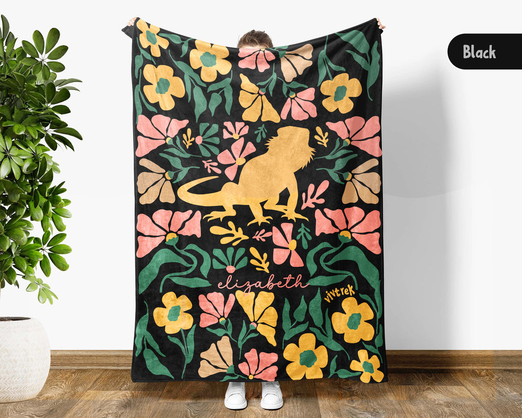 Floral Custom Name Bearded Dragon Blanket, Cozy Floral Lizard Throw for Kids Teens Adults, Cute Reptile Lover Gift