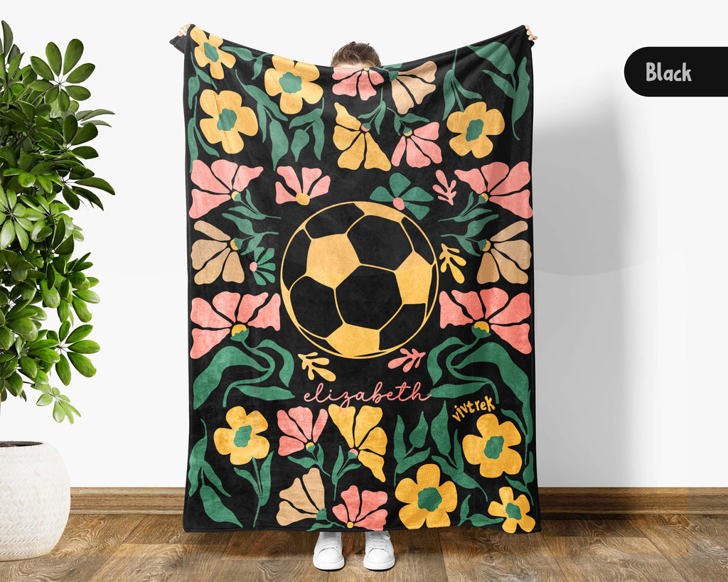 Custom Name Soccer Floral Blanket, Personalized Football Fan Throw, Cozy Sports Gift for Players and Soccer Lovers Room Decor