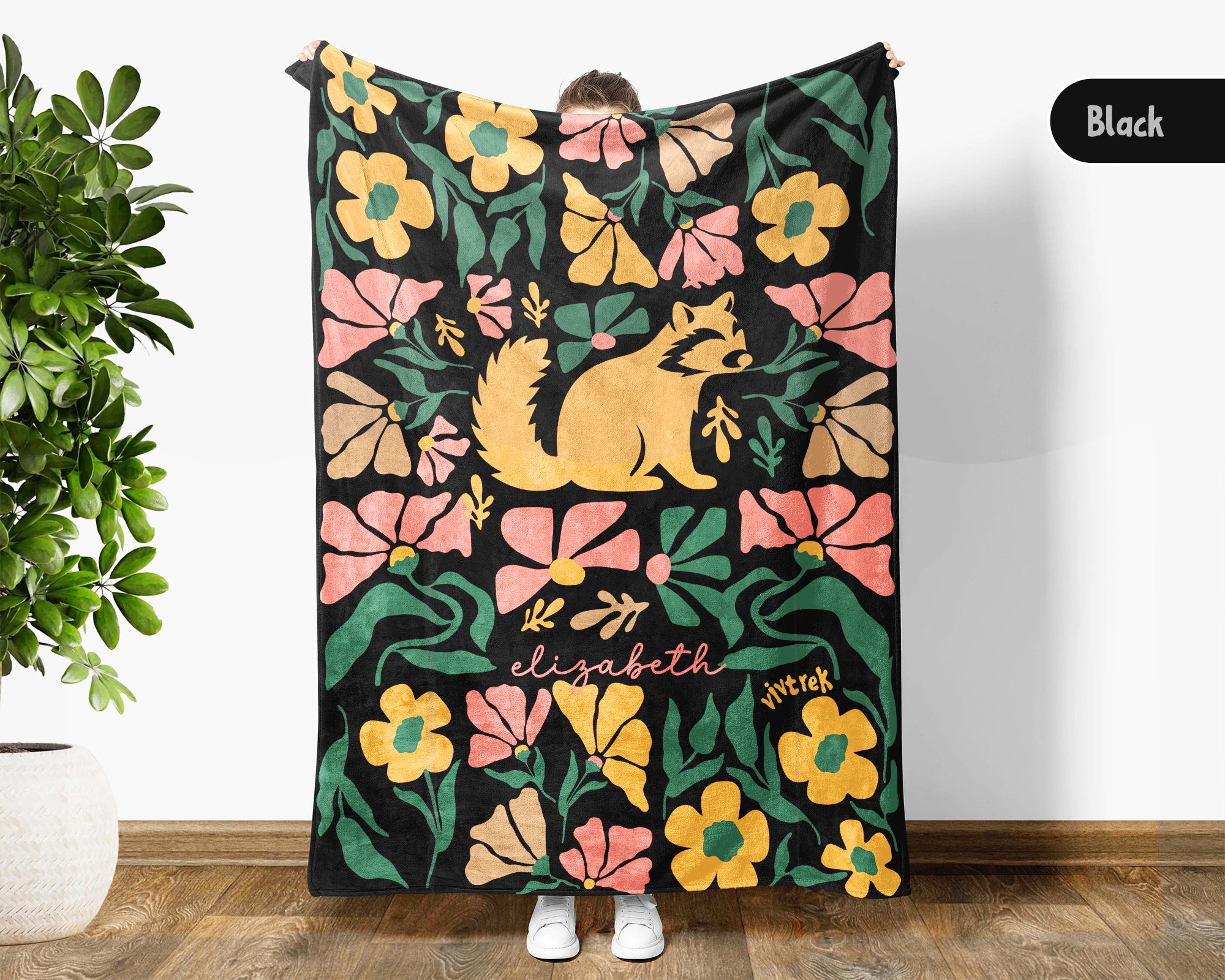 Floral  Raccoon Blanket with Custom Name, Cute Woodland Animal Gift, Cozy Floral Throw for Kids Teens Adults