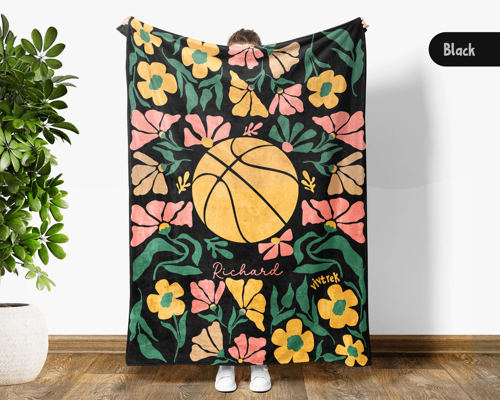 Personalized Name Floral Basketball Blanket, Cozy Hoop Lover Throw Gift