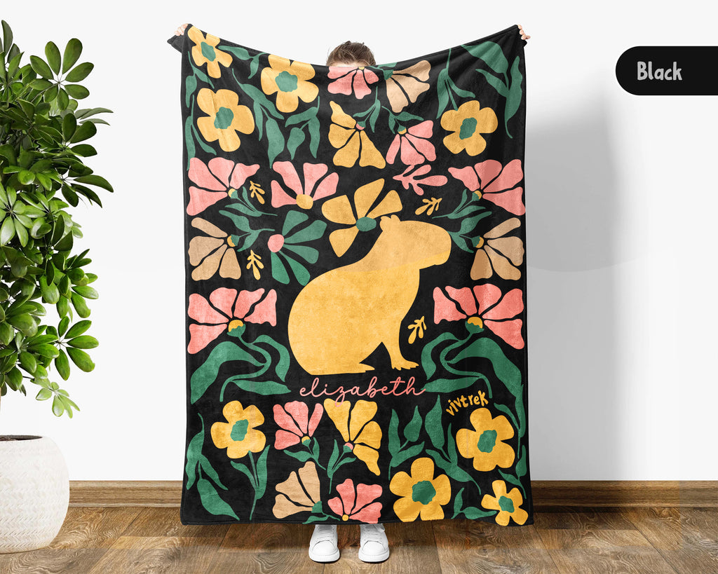Floral Custom Name Capybara Blanket, Cozy Floral Capybara Throw Gift for Kids Teens Adults, Perfect Birthday Animal Gift