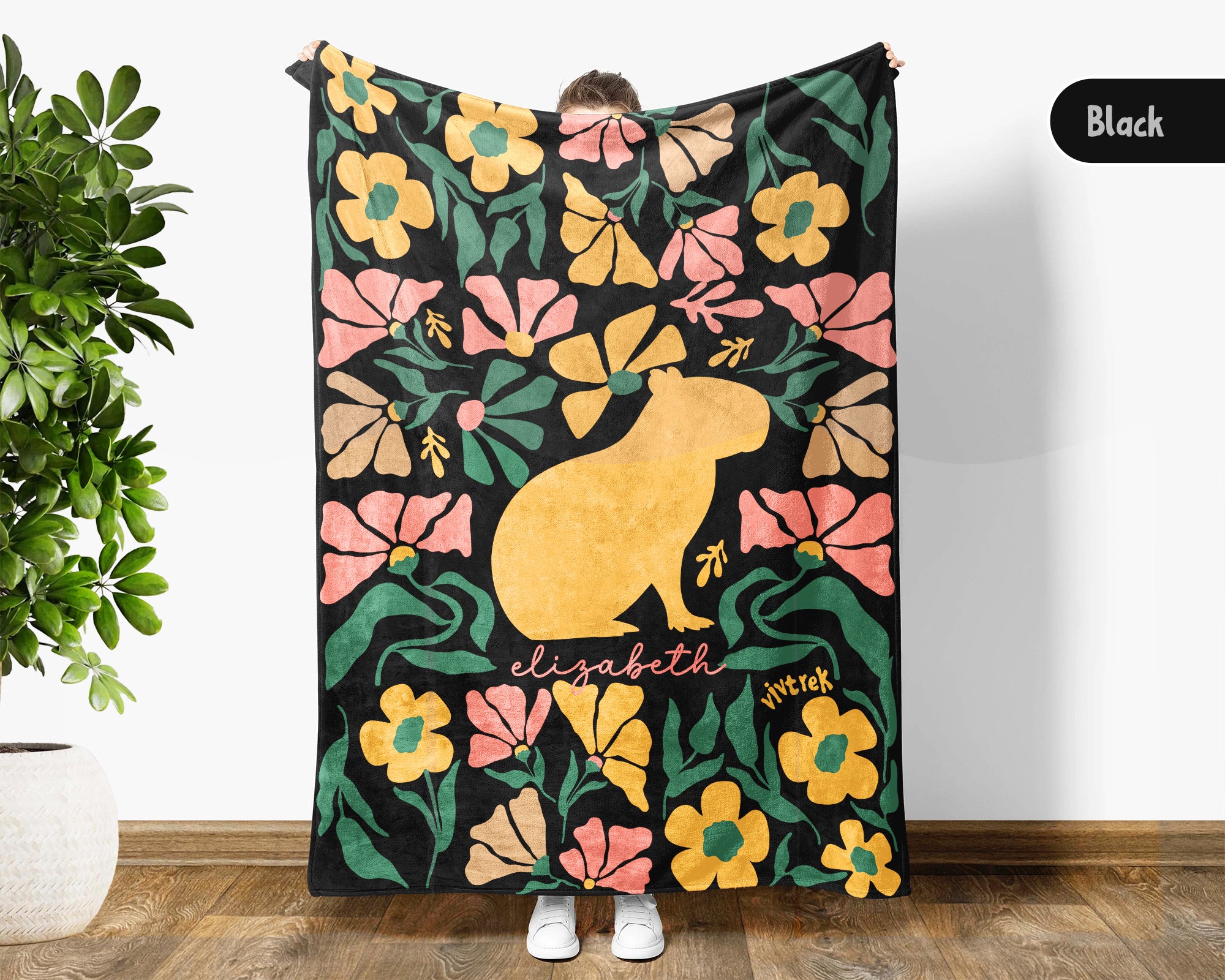 Floral Custom Name Capybara Blanket, Cozy Floral Capybara Throw Gift for Kids Teens Adults, Perfect Birthday Animal Gift