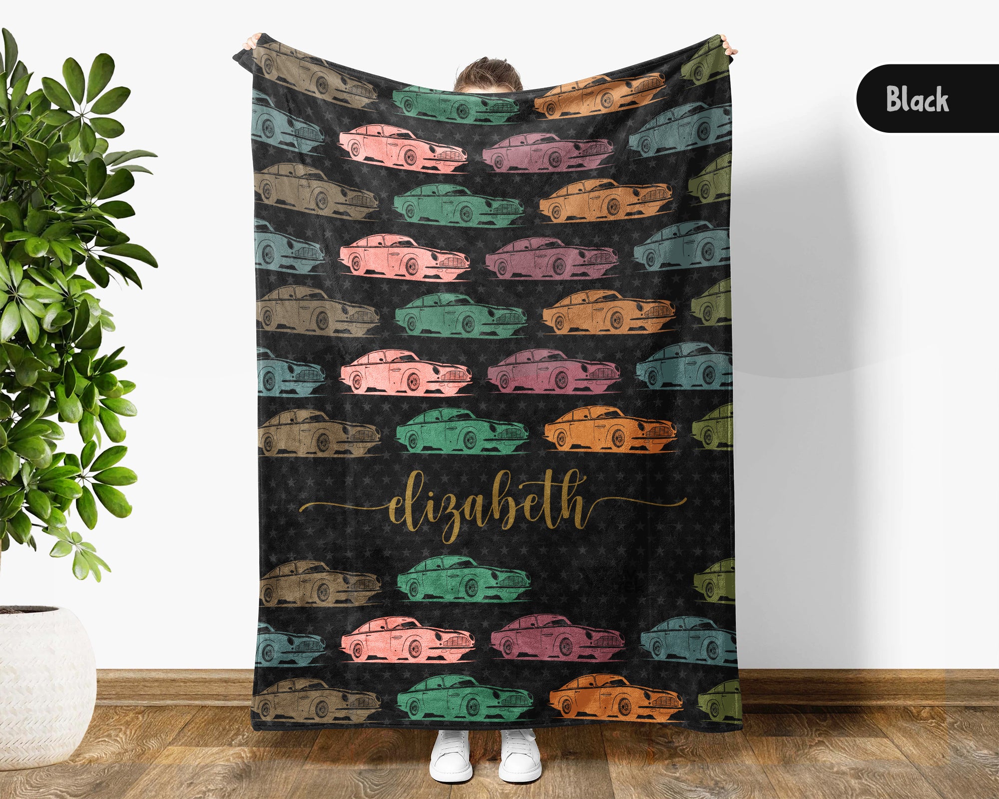 Custom Name Classic Car Blanket, Personalized Vintage Vehicle Throw, Cozy Garage Gift for Auto Enthusiasts