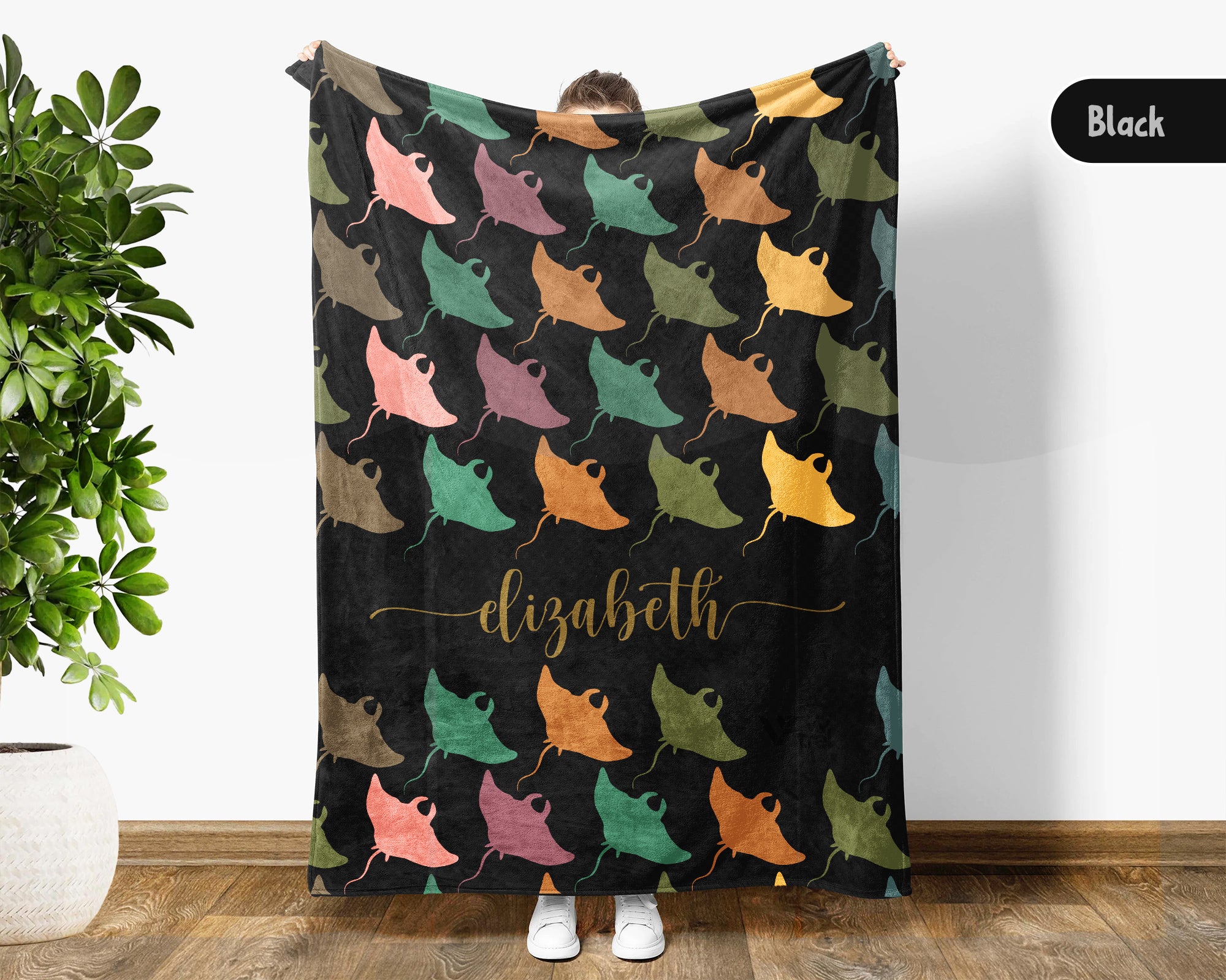 Custom Name Stingray Blanket, Cozy Retro Ocean Throw for Sea Life Lovers