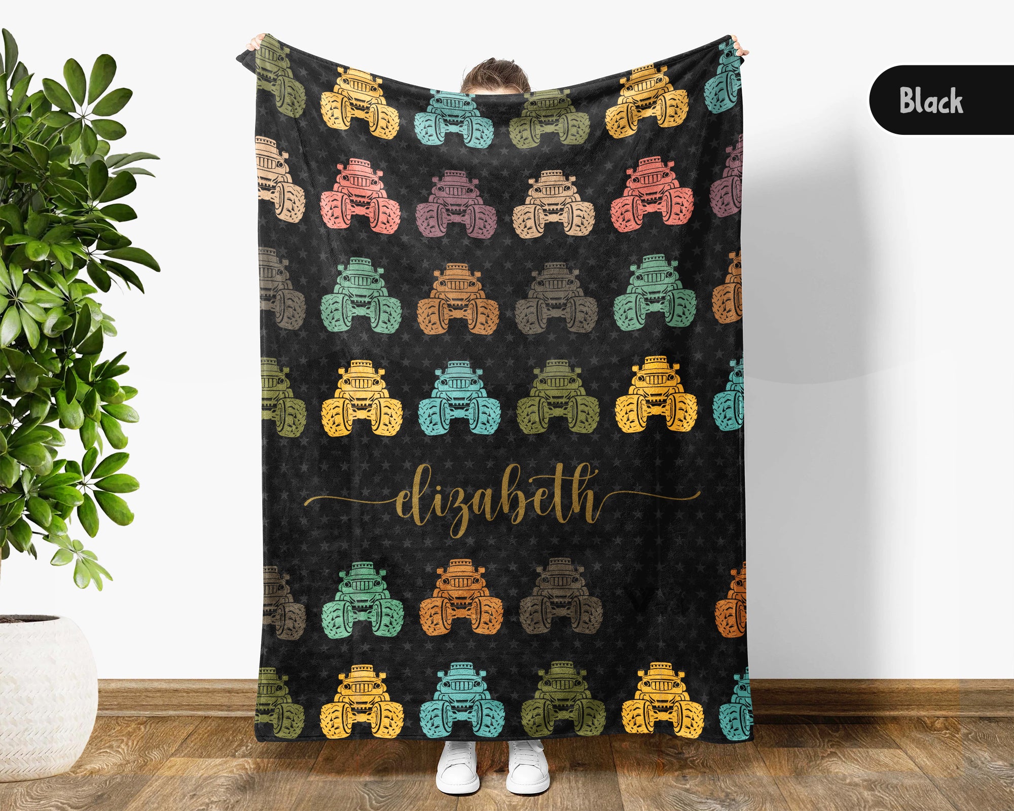 Personalized Monster Truck Blanket for Kids, Custom Name Retro Truck Throw, Cozy Boys Gift, Fun Truck Lover Room Decor Blanket