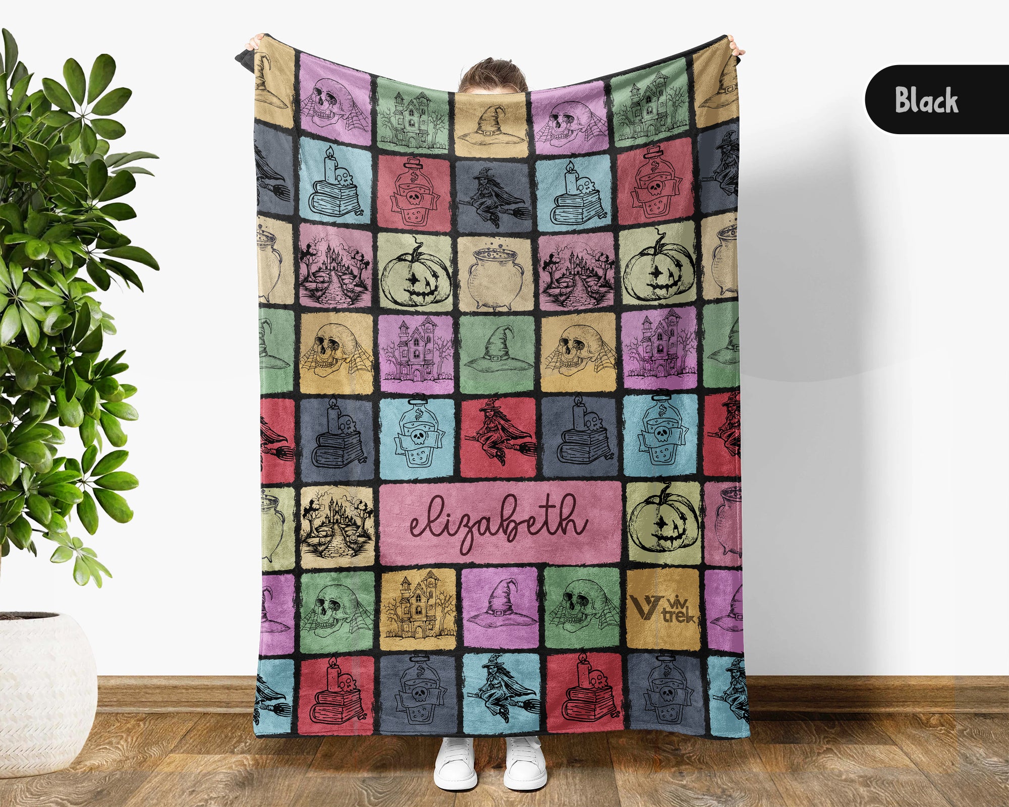 Personalized Name Witch Blanket, Custom Vintage Halloween Throw Gift for Cozy Spooky Decor and Gothic Autumn Home Style Fans