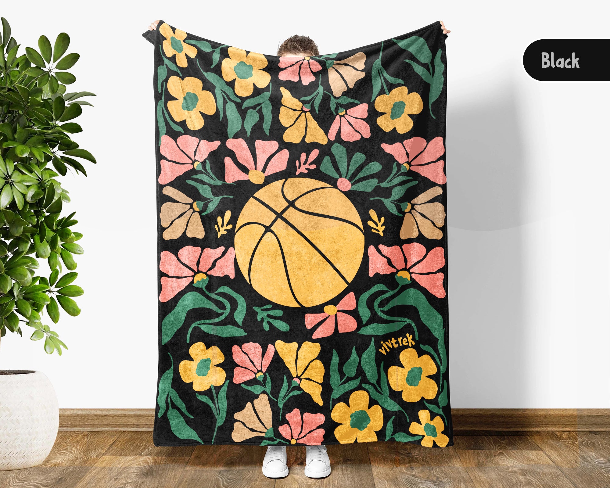 Floral Basketball Throw Blanket – Cozy Sports Fan Gift