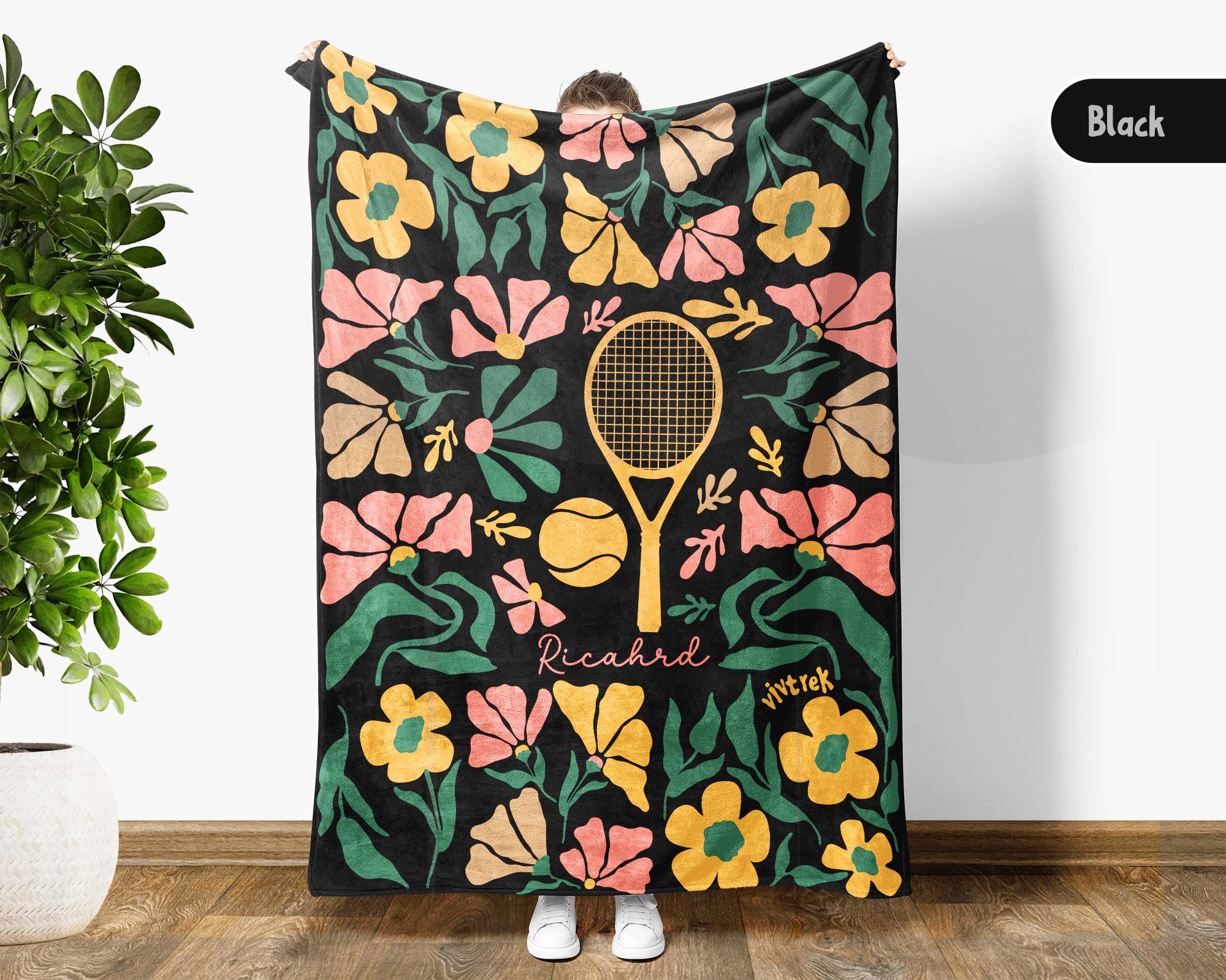 Custom Name Floral Tennis Player Blanket, Personalized Cozy Tennis Throw, Vintage Sports Graphic Gift for Teens Adults Kids