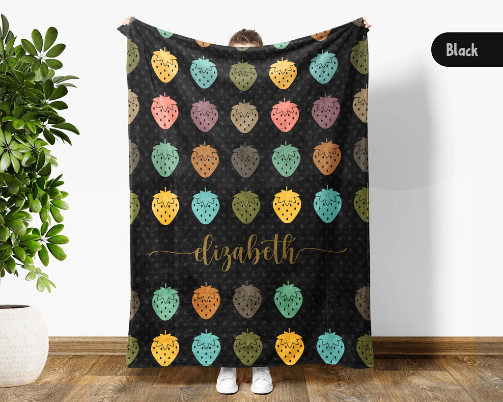 Custom Name Strawberry Blanket, Cozy Retro Fruit Throw for Kids and Adults