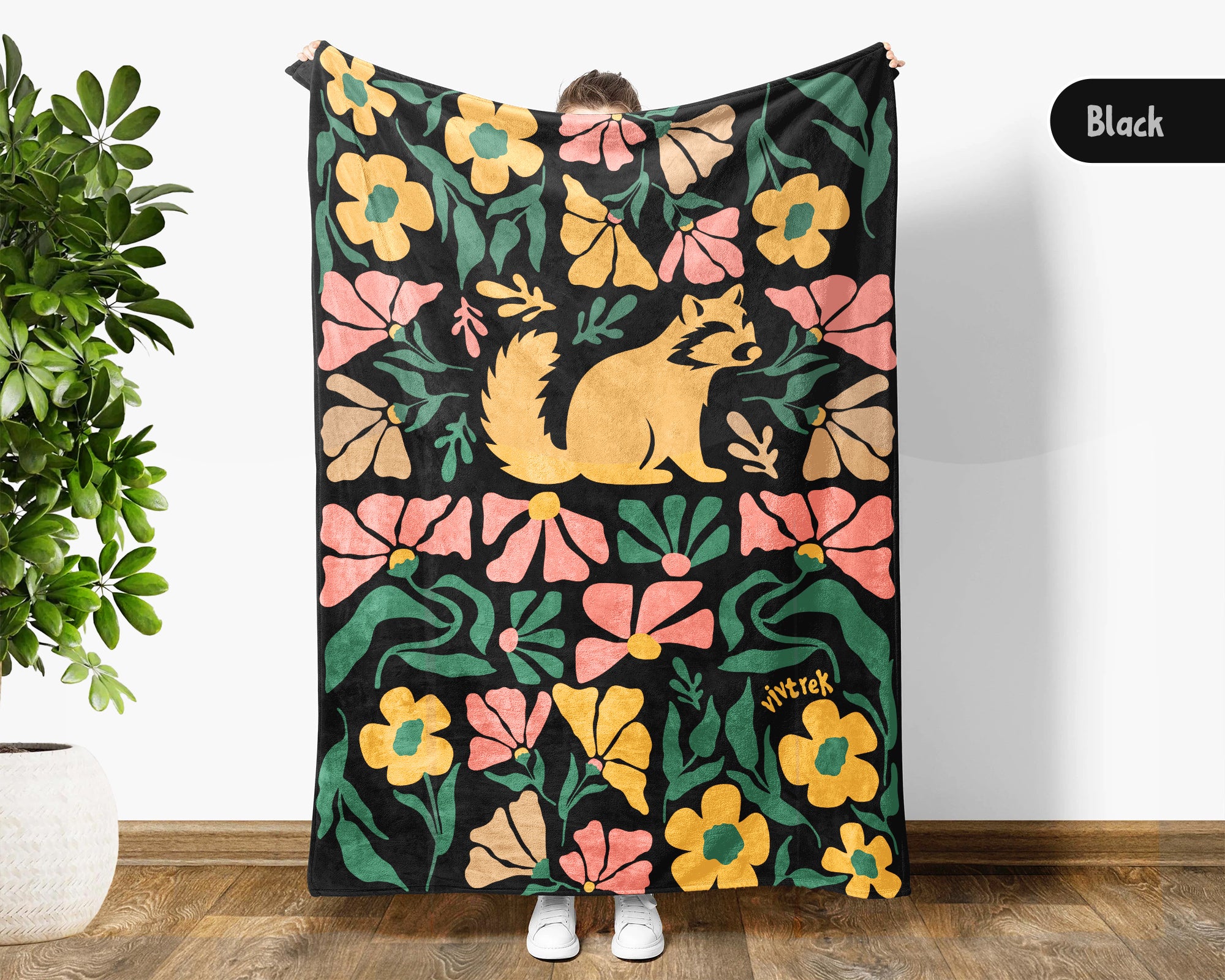 Floral Raccoon Blanket – Cozy Vintage Wildlife Throw Gift