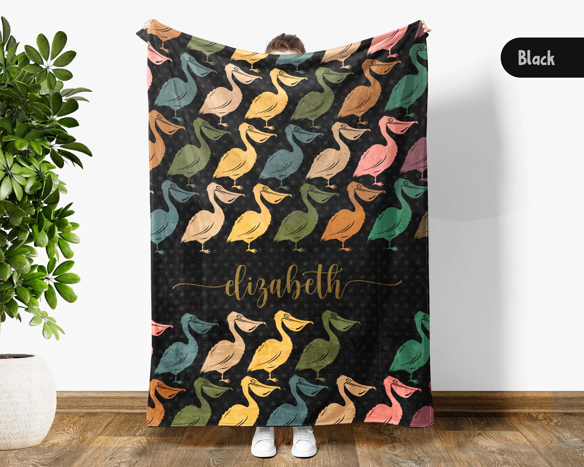 Custom Name Pelican Blanket, Cozy Retro Coastal Throw for Bird and Nature Lovers