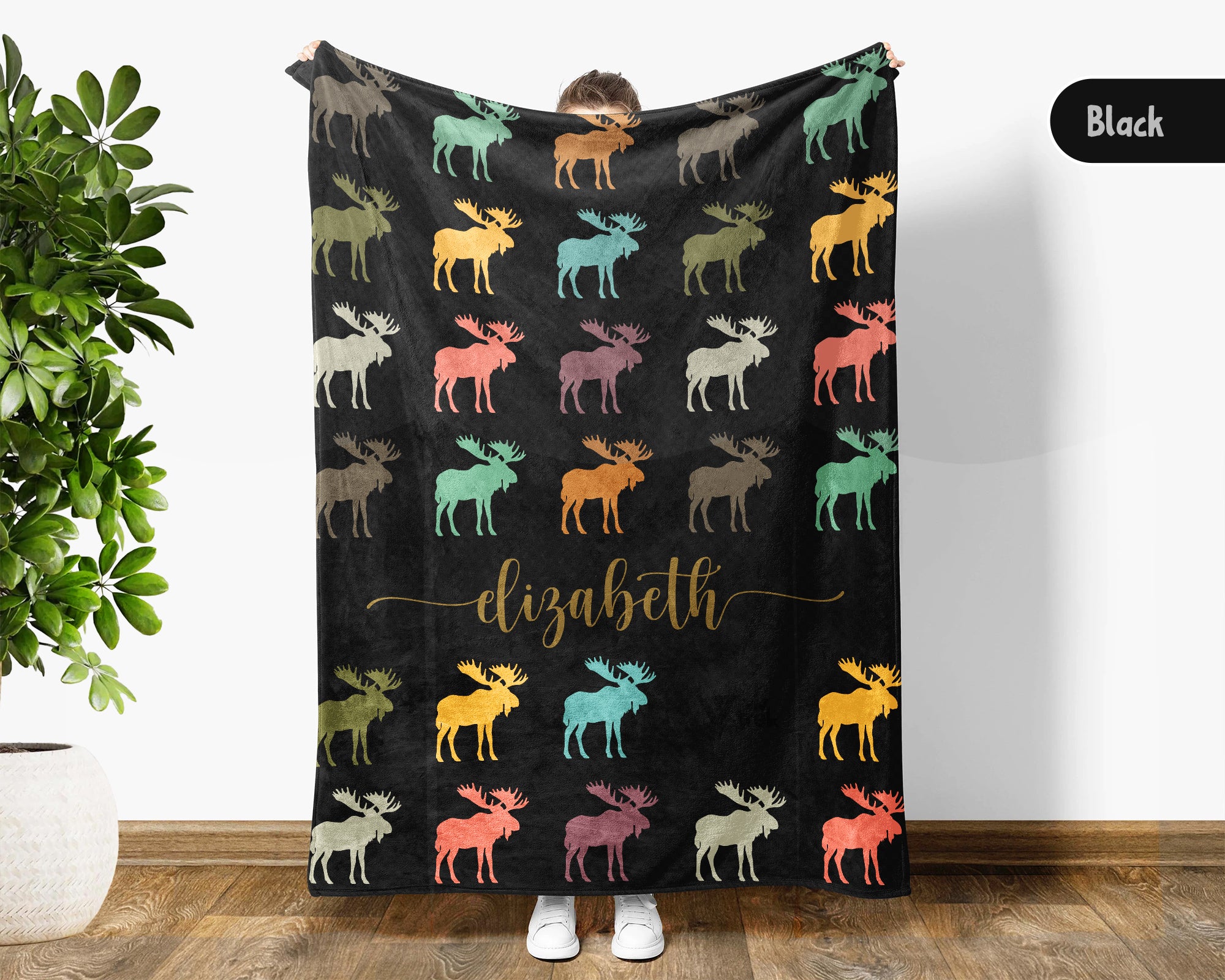 Custom Name Moose Blanket, Vintage Retro Throw for Cabin and Home Decor