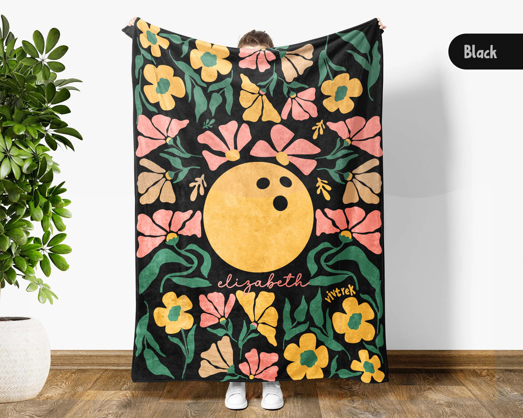 Personalized Bowling Blanket with Custom Name, Cozy Floral Bowling Throw for Kids Teens Adults, Fun Bowler Birthday Christmas Gift