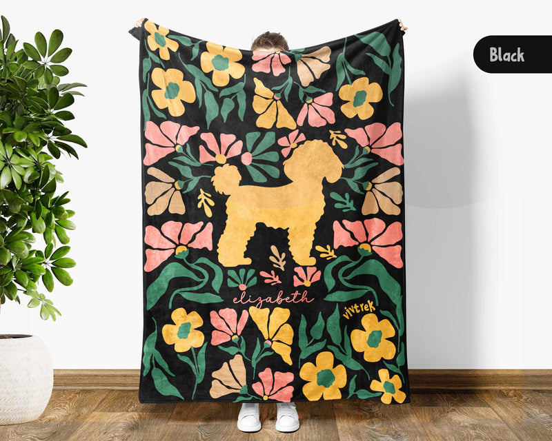 Custom Name Floral Poodle Blanket, Personalized Cozy Retro Puppy Throw, Vintage Dog Lover Gift for Teens Adults Dog Moms