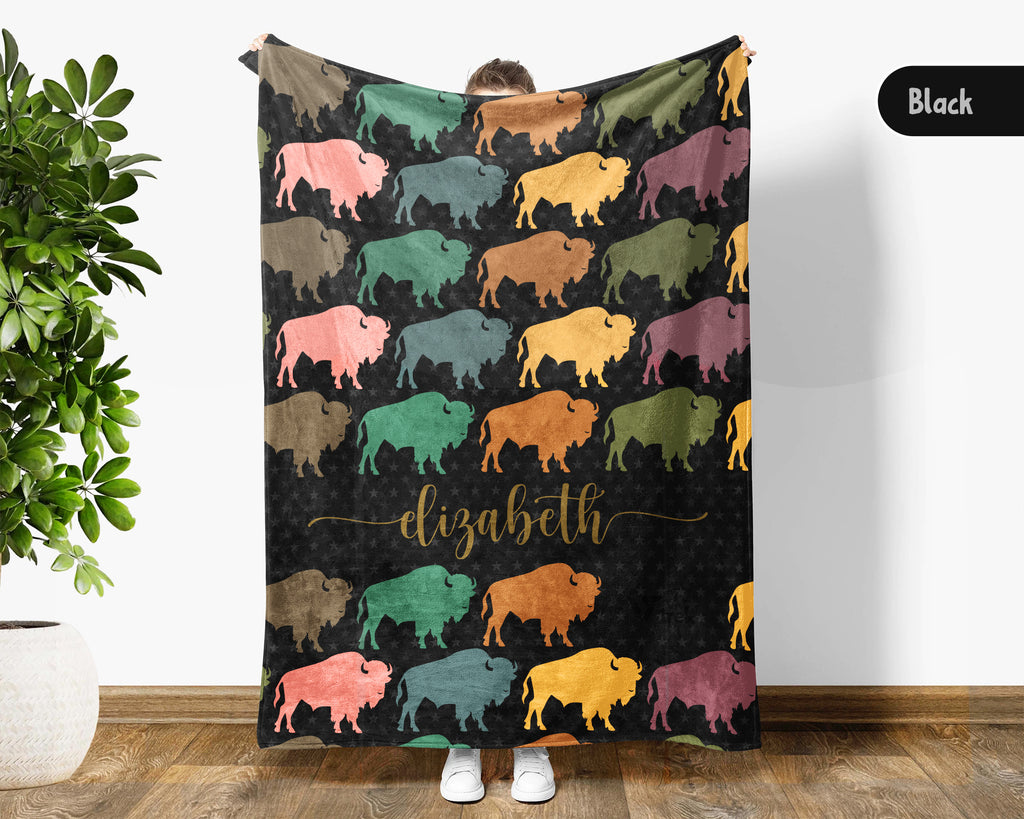 Custom Buffalo Blanket Personalized Name Wildlife Throw Retro Bison Graphic Cozy Rustic Home Decor Unique Western Gift Idea