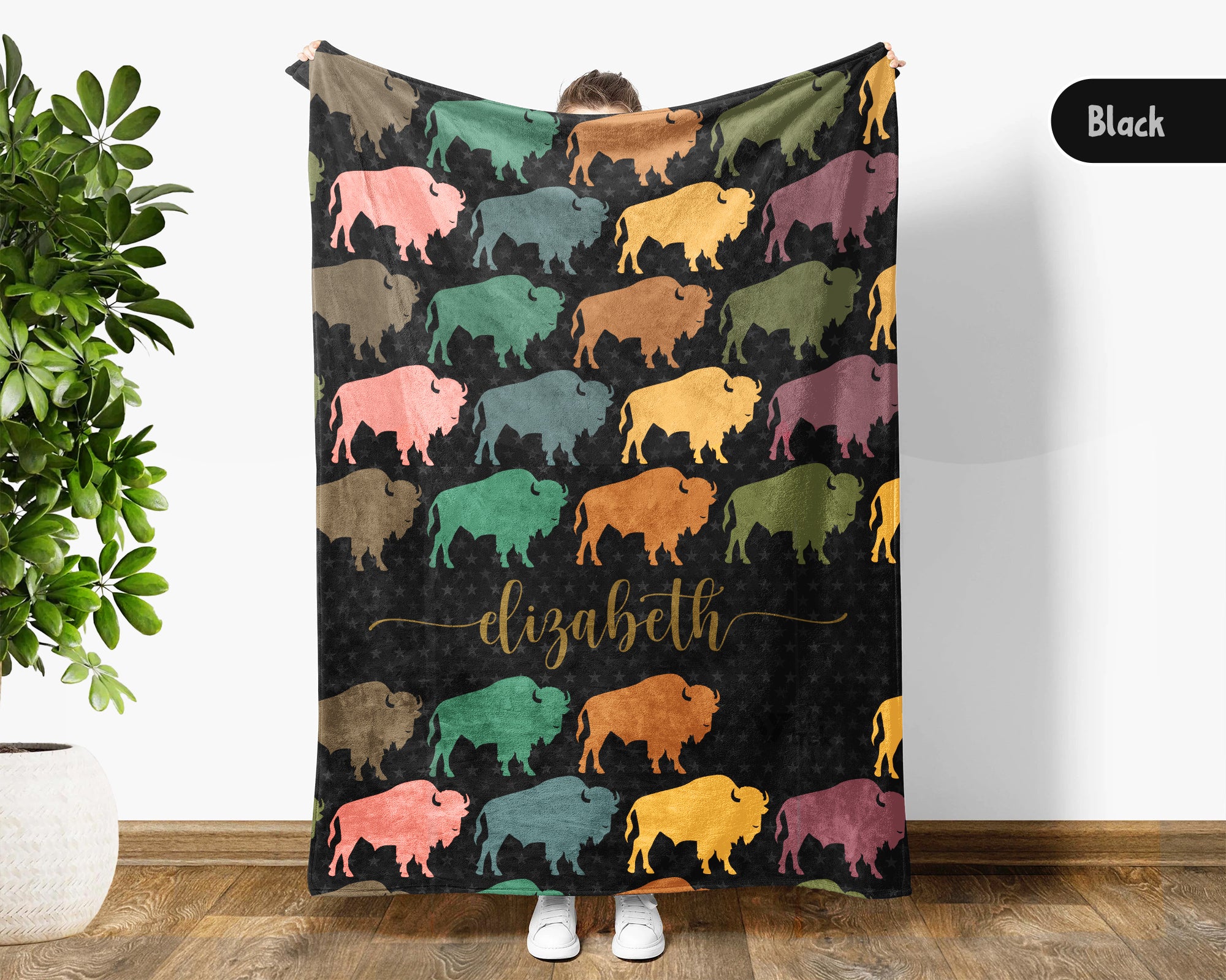 Custom Buffalo Blanket Personalized Name Wildlife Throw Retro Bison Graphic Cozy Rustic Home Decor Unique Western Gift Idea