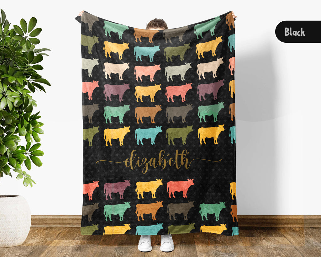 Custom Name Cow Lover Blanket Retro Farm Animal Throw Cozy Personalized Gift Soft Cattle Decor for Dairy Farmer Home