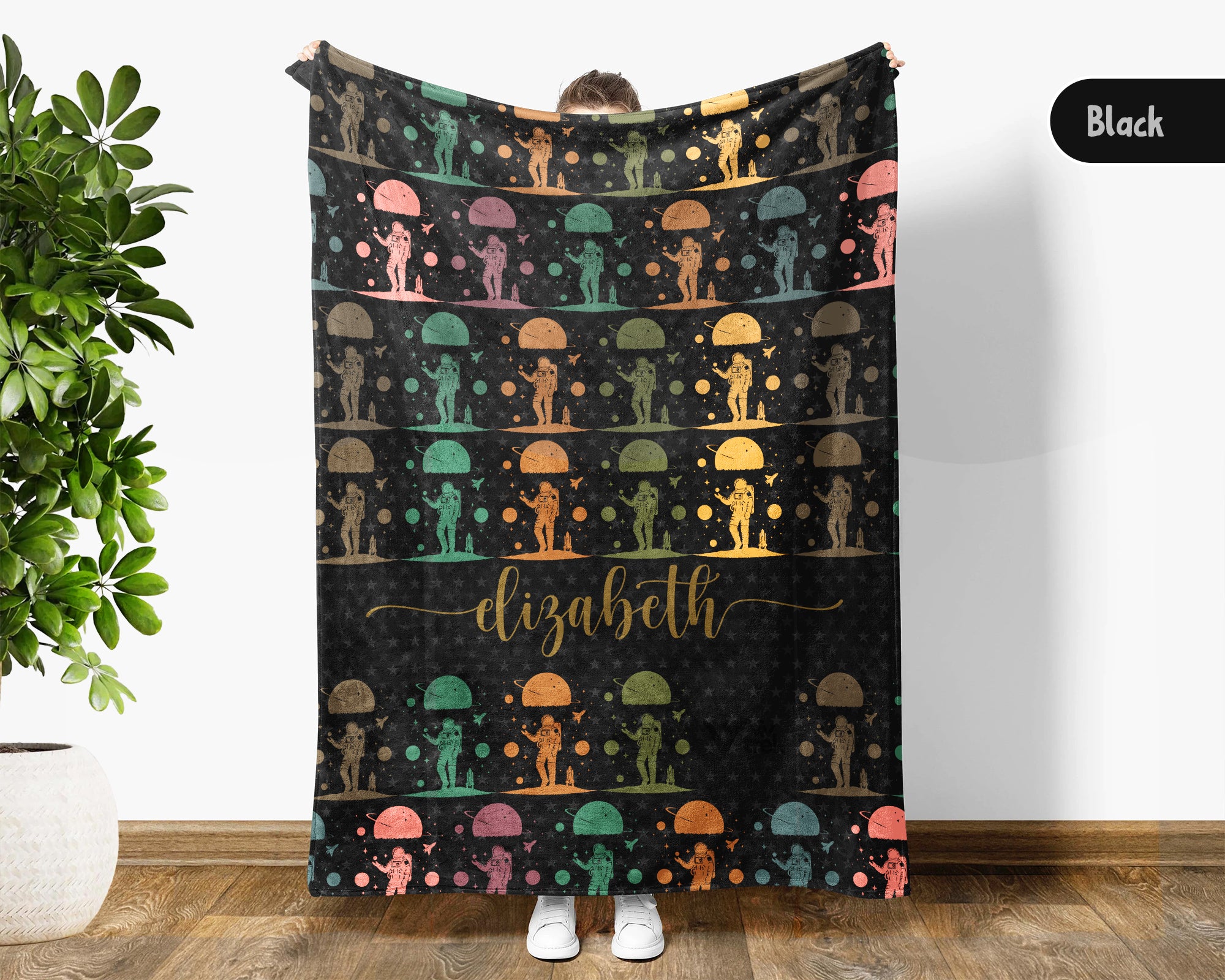 Custom Name Retro Space Blanket, Personalized Astronomy Galaxy Throw for Planet Rocket Star Adventure Lovers Decor