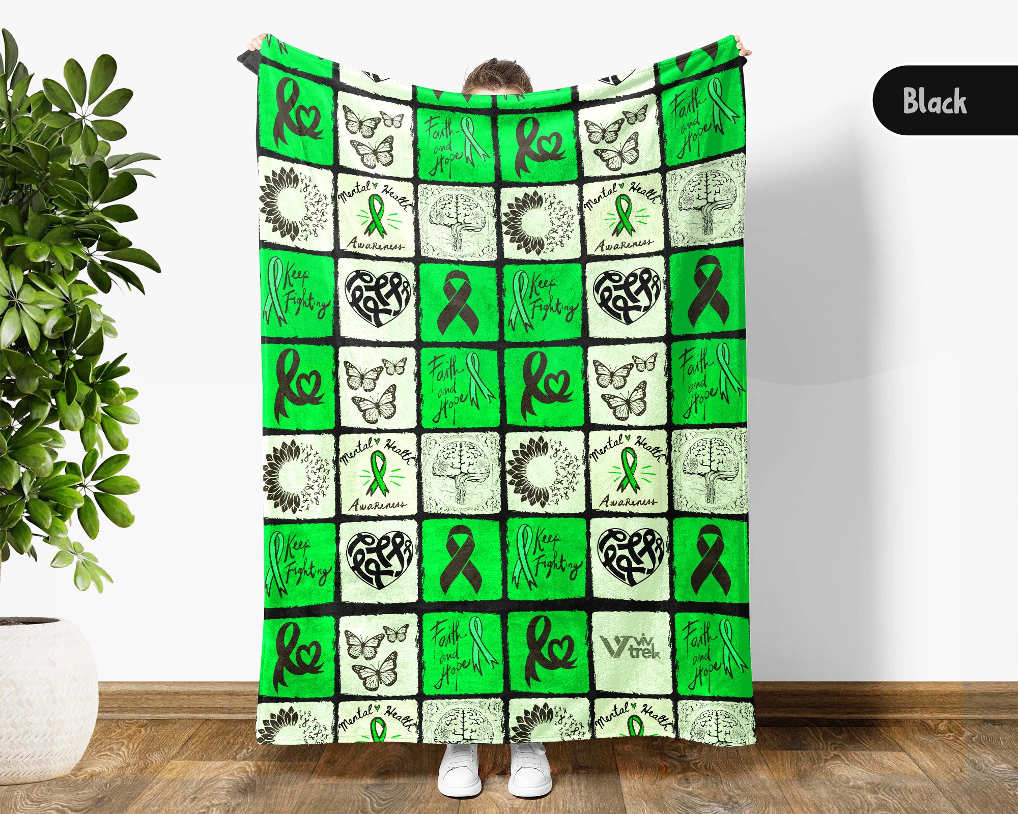 Mental Health Awareness Blanket with Green Ribbon, Cozy Wellness Throw, Thoughtful Comfort Gift for Loved Ones in May, Supportive & Inspirational, Battle Blanket
