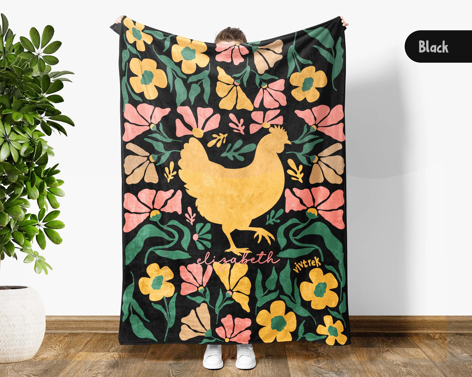 Floral Personalized Chicken Blanket with Custom Name, Cozy Floral Throw for Kids Teens Adults, Chicken Lover Farm Gift
