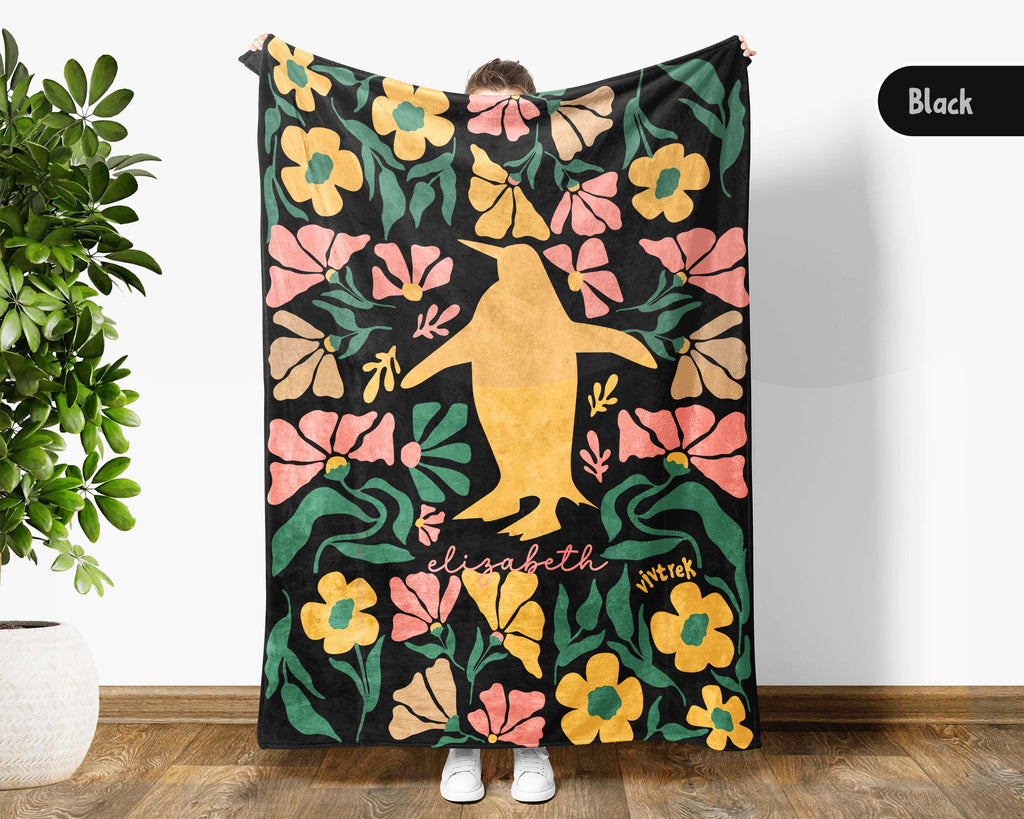 Personalized Name Floral Penguin Blanket, Cozy Floral Throw for Kids Teens Adults, Cute Penguin Lover Gift