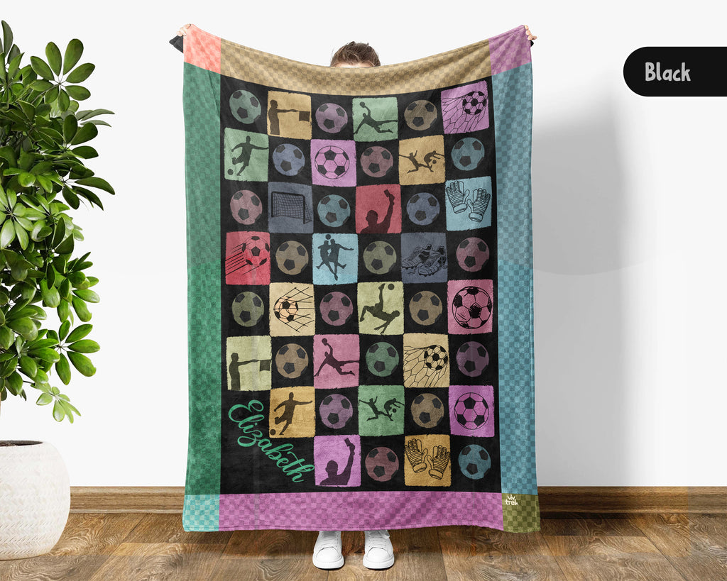 Custom Name Soccer Blanket, Personalized Name Soccer Throw for Boys and Girls, Retro Unique Soccer Lover Gift, Cozy Sports Blanket
