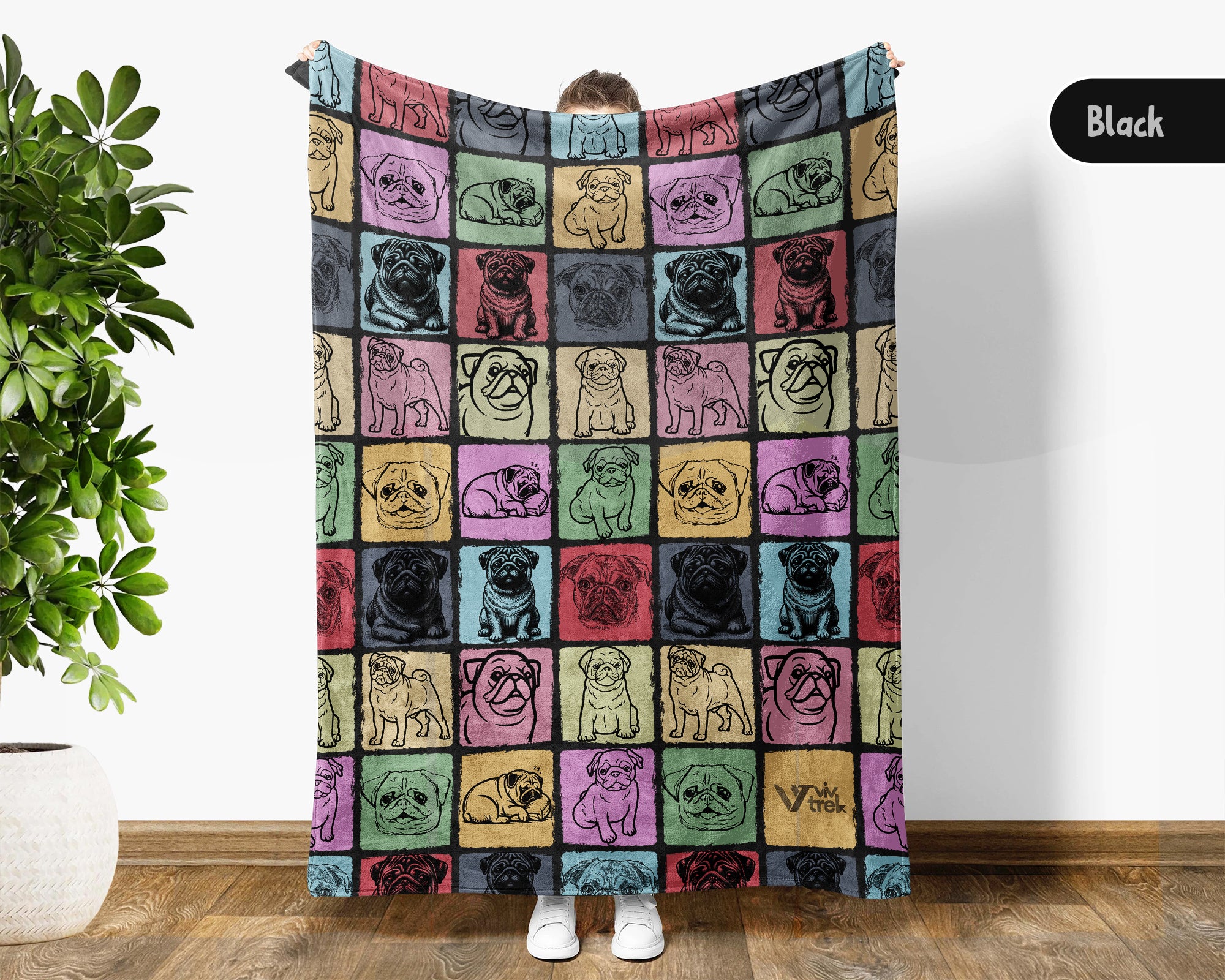 Pug Dog Blanket, Vintage Pug Lover Throw, Cozy Retro Dog Fleece Blanket, Unique Pet Lover Gift for Home and Kids
