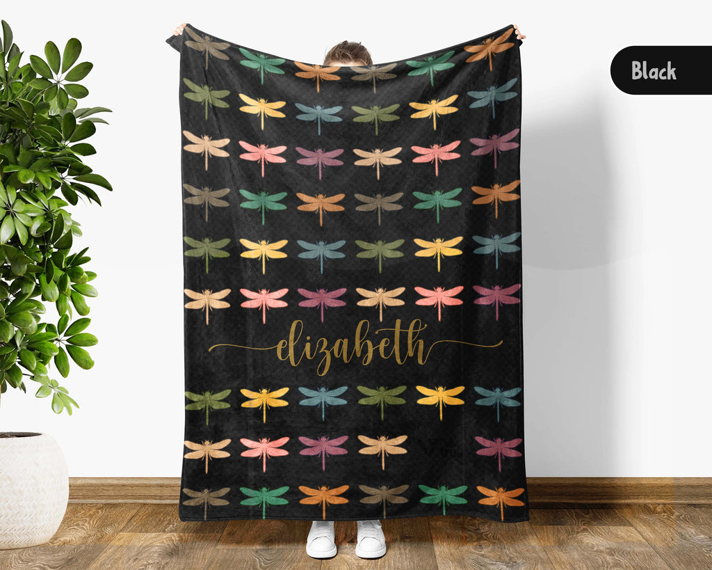Personalized Dragonfly Throw Custom Name Insect Lover Blanket Retro Winged Bug Design Nature Gift for Her Cozy Home Accent Decor
