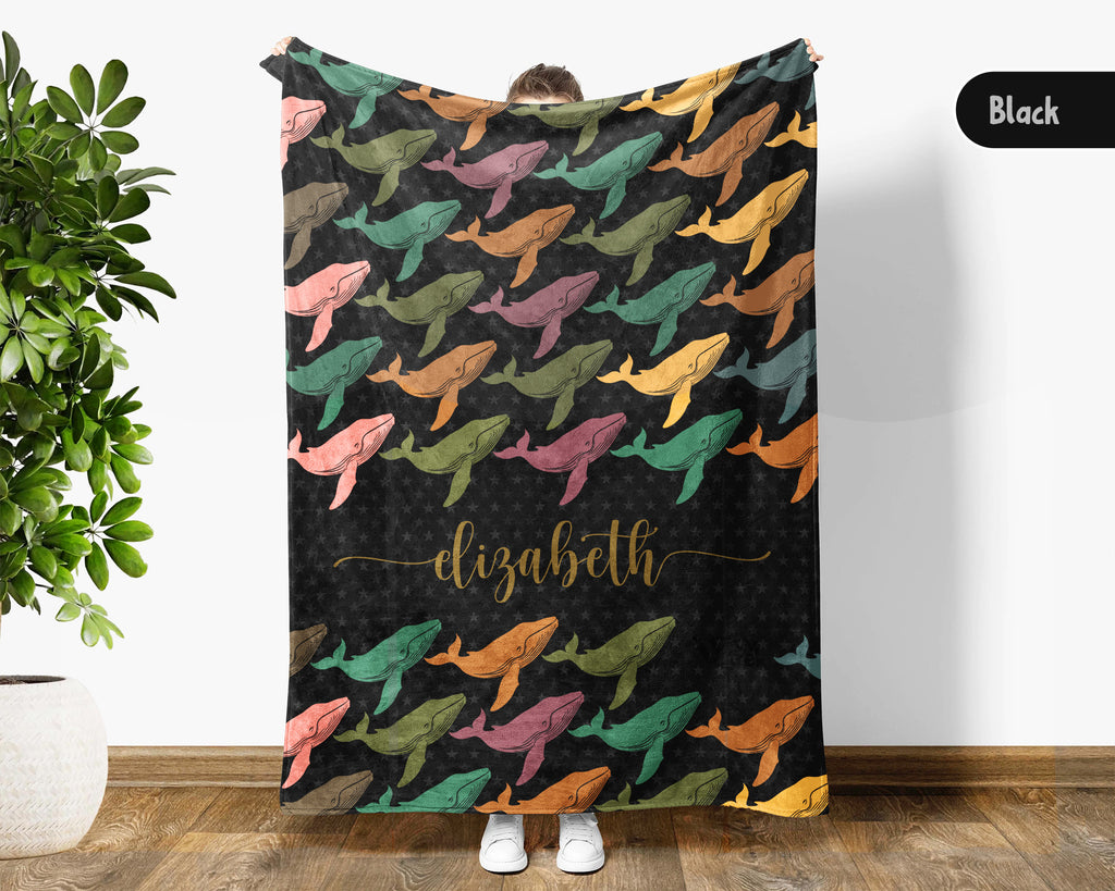 Personalized Whale Blanket Custom Name Ocean Lover Throw Retro Sea Life Decor Cozy Nautical Gift Unique Home Accent Idea