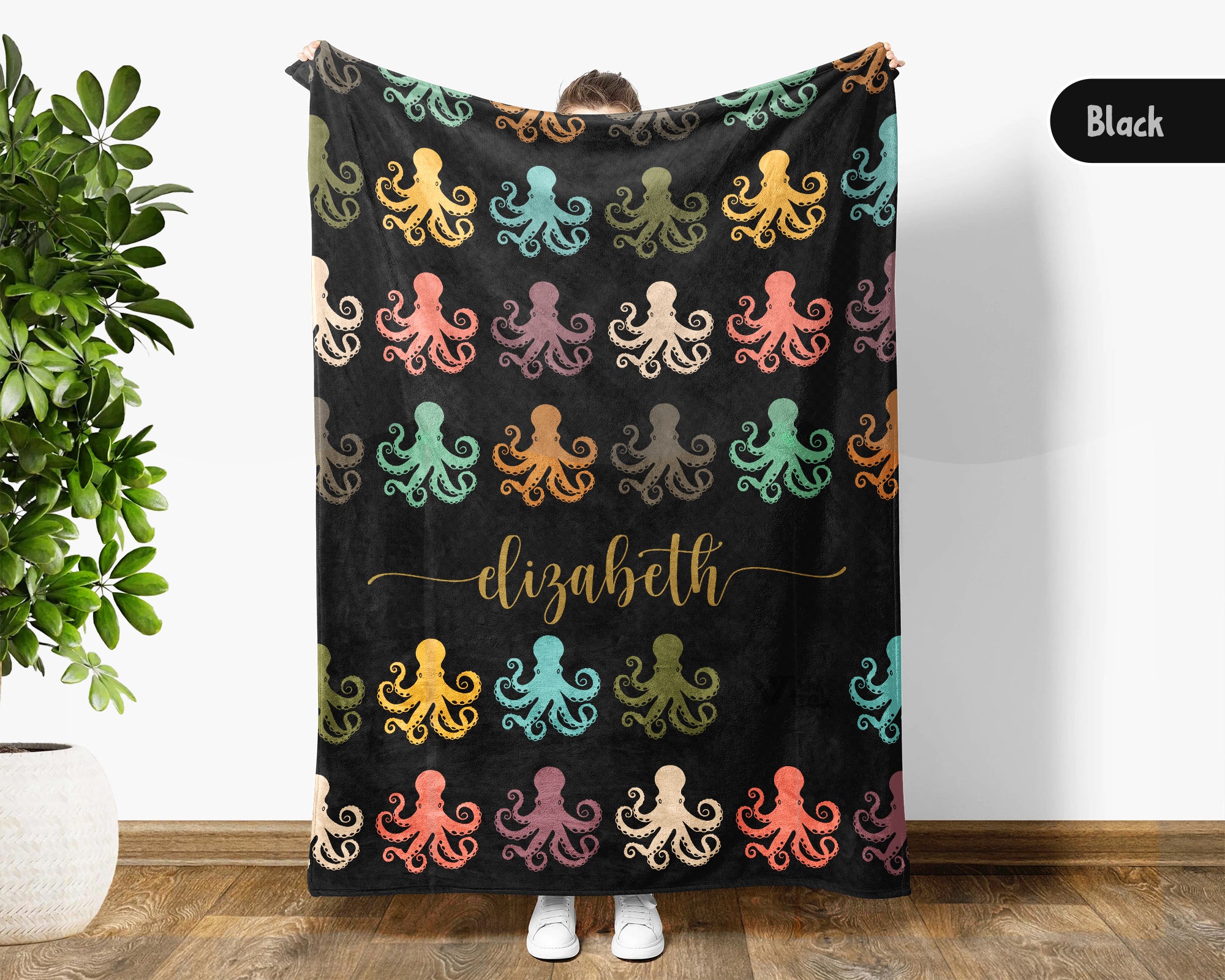 Personalized Octopus Lover Blanket Custom Name Retro Ocean Animal Throw Cozy Marine Life Fleece Gift Nautical Home Decor Accent