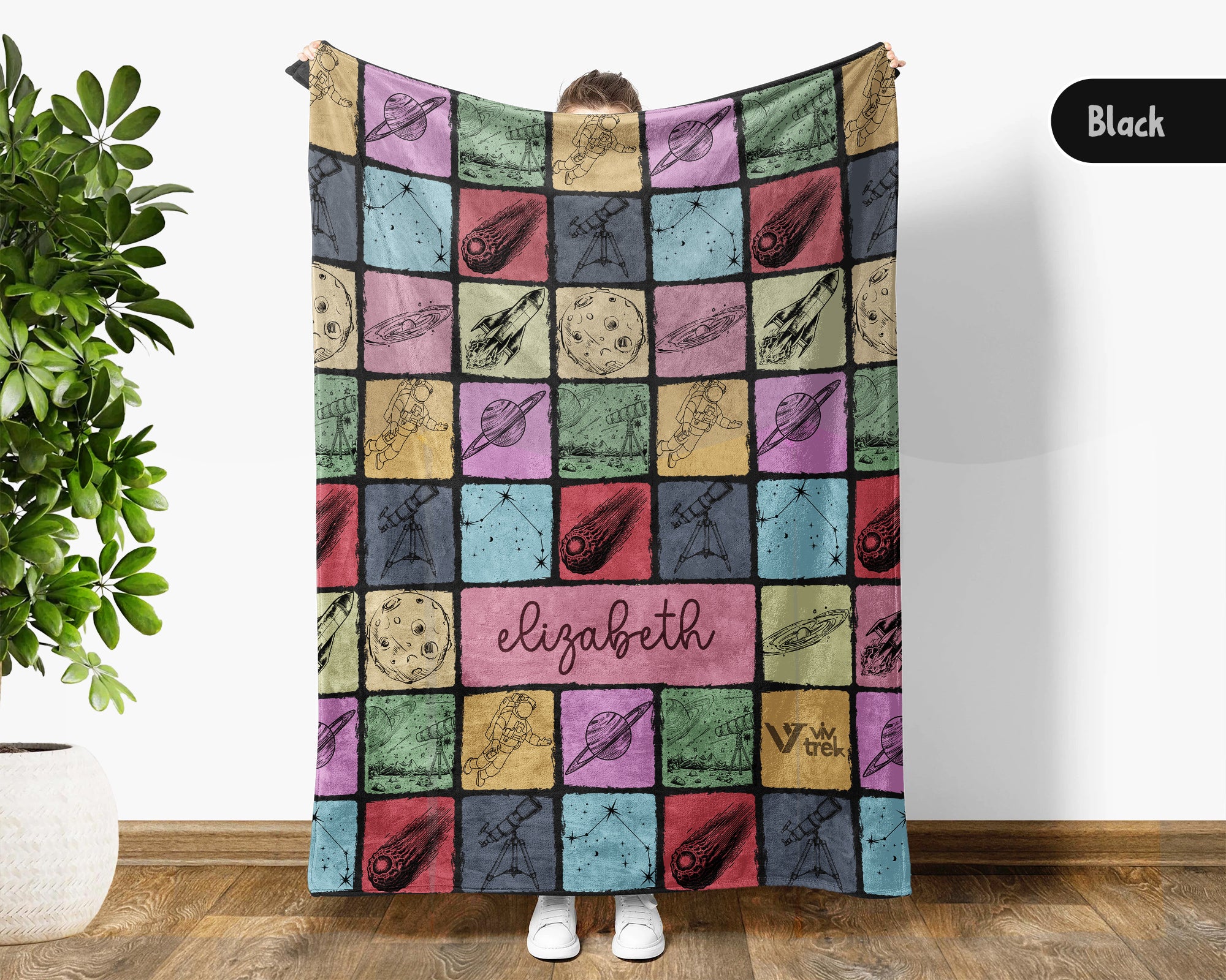 Personalized Name Space Galaxy Blanket, Retro Astronomy Throw Gift for Rocket Star Lovers, Custom Planet Astronaut Decor