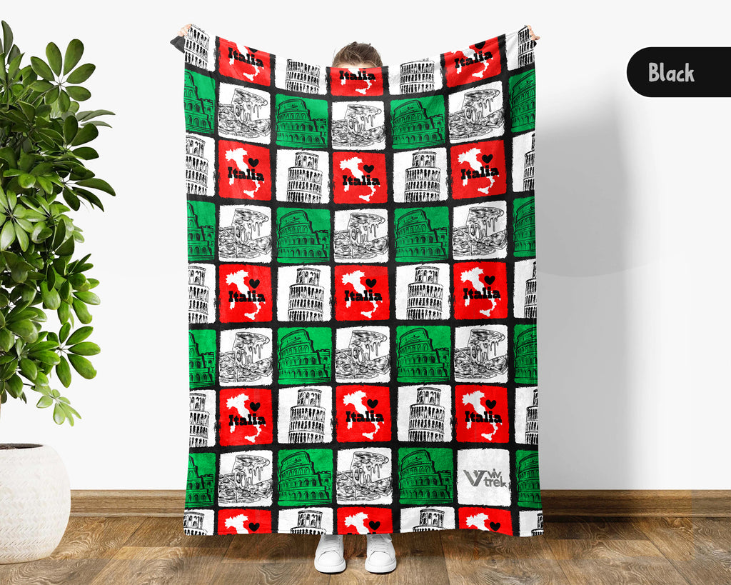 Retro Italy Blanket Throw with Italia Flag Design, Cozy Rome Venice Inspired Decor, Mediterranean Travel Lover Gift Blanket