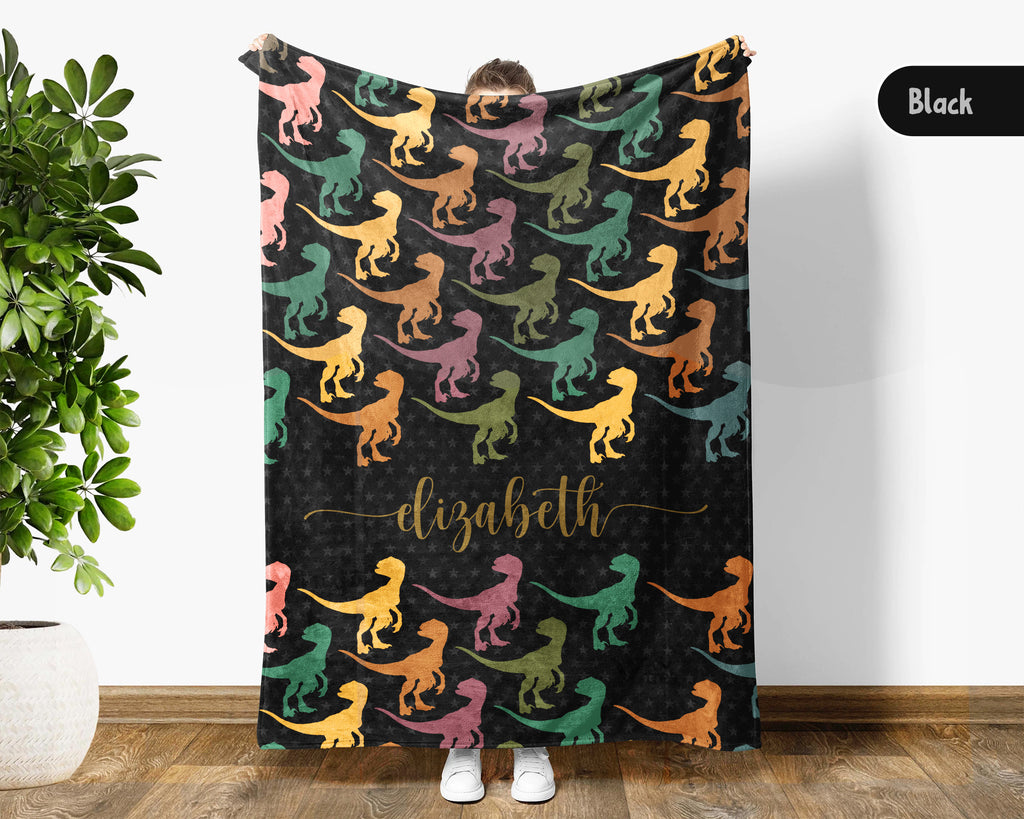 Personalized Velociraptor Dinosaur Blanket Custom Name Retro Dino Throw Cozy Jurassic Gift Paleontology Decor Blanket for Kids and Adults